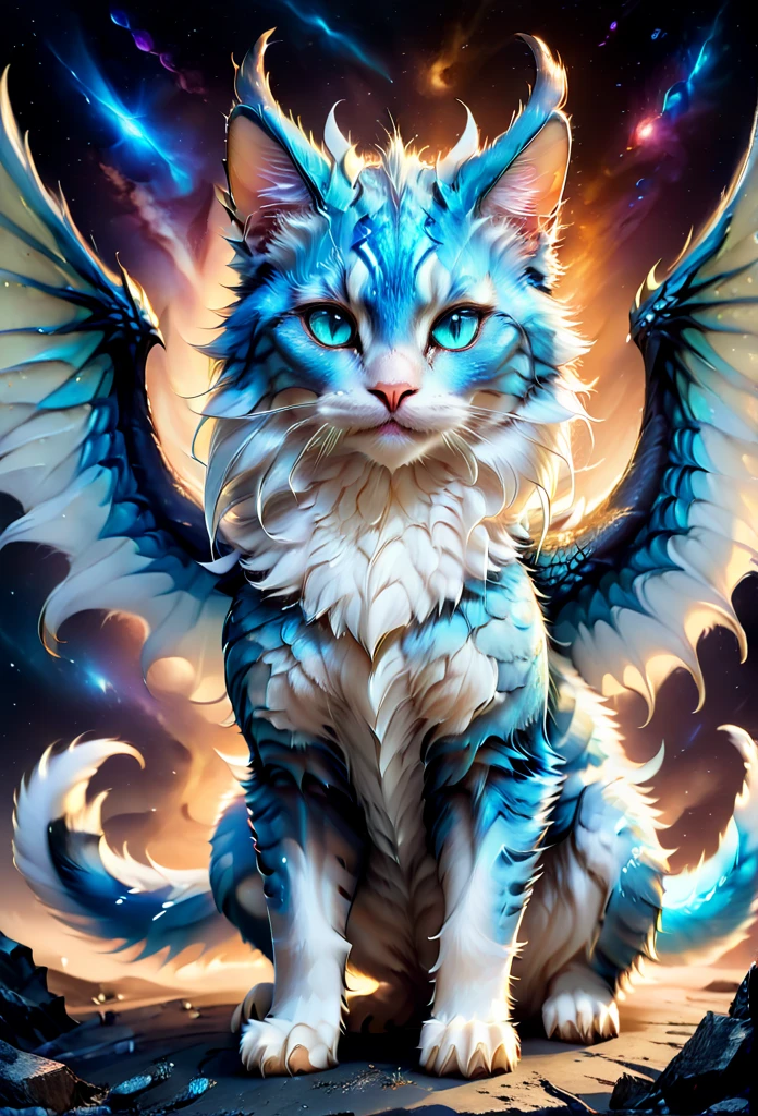 full body, feral, hybrid between cat and furred dragon, white and blue fur, wings, horns, tail, chest fluff, paws, fangs, ton back, faded blue eyes, a quadruped creature, detailed fur, intricate textures, detailed background, space, battlefield, dramatic lighting, muted color palette, cinematic composition, ultra-detailed, 8k, photorealistic, masterpiece