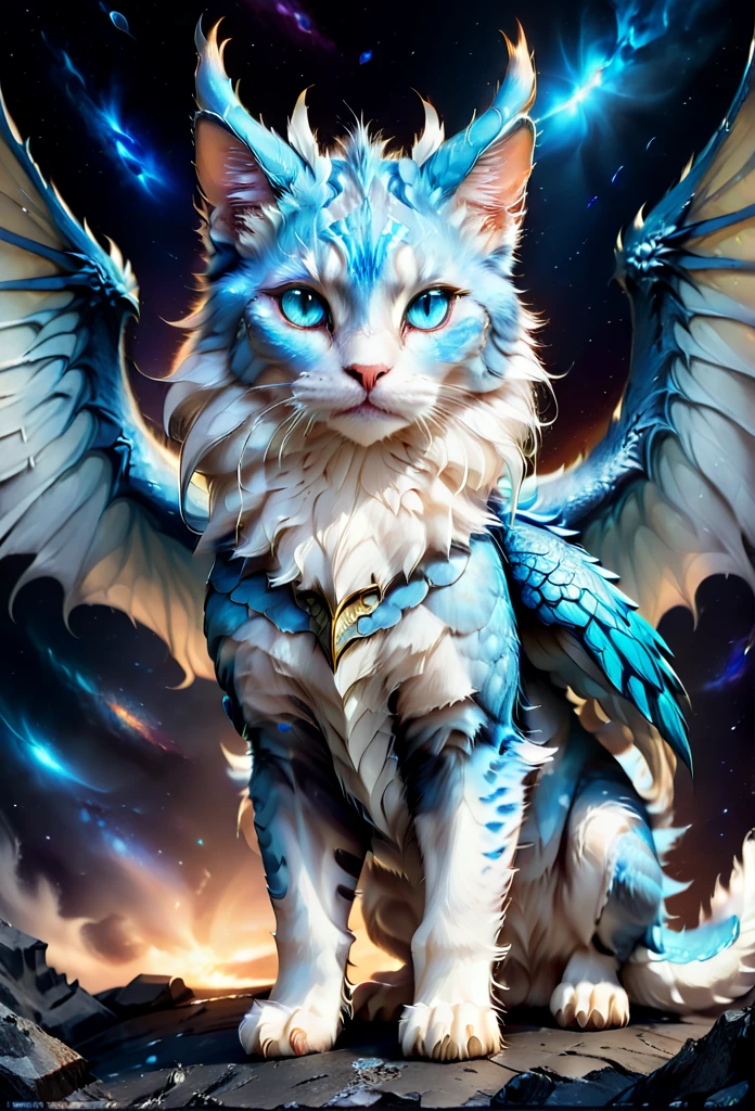 full body, feral, hybrid between cat and furred dragon, white and blue fur, wings, horns, tail, chest fluff, paws, fangs, ton back, faded blue eyes, a quadruped creature, detailed fur, intricate textures, detailed background, space, battlefield, dramatic lighting, muted color palette, cinematic composition, ultra-detailed, 8k, photorealistic, masterpiece