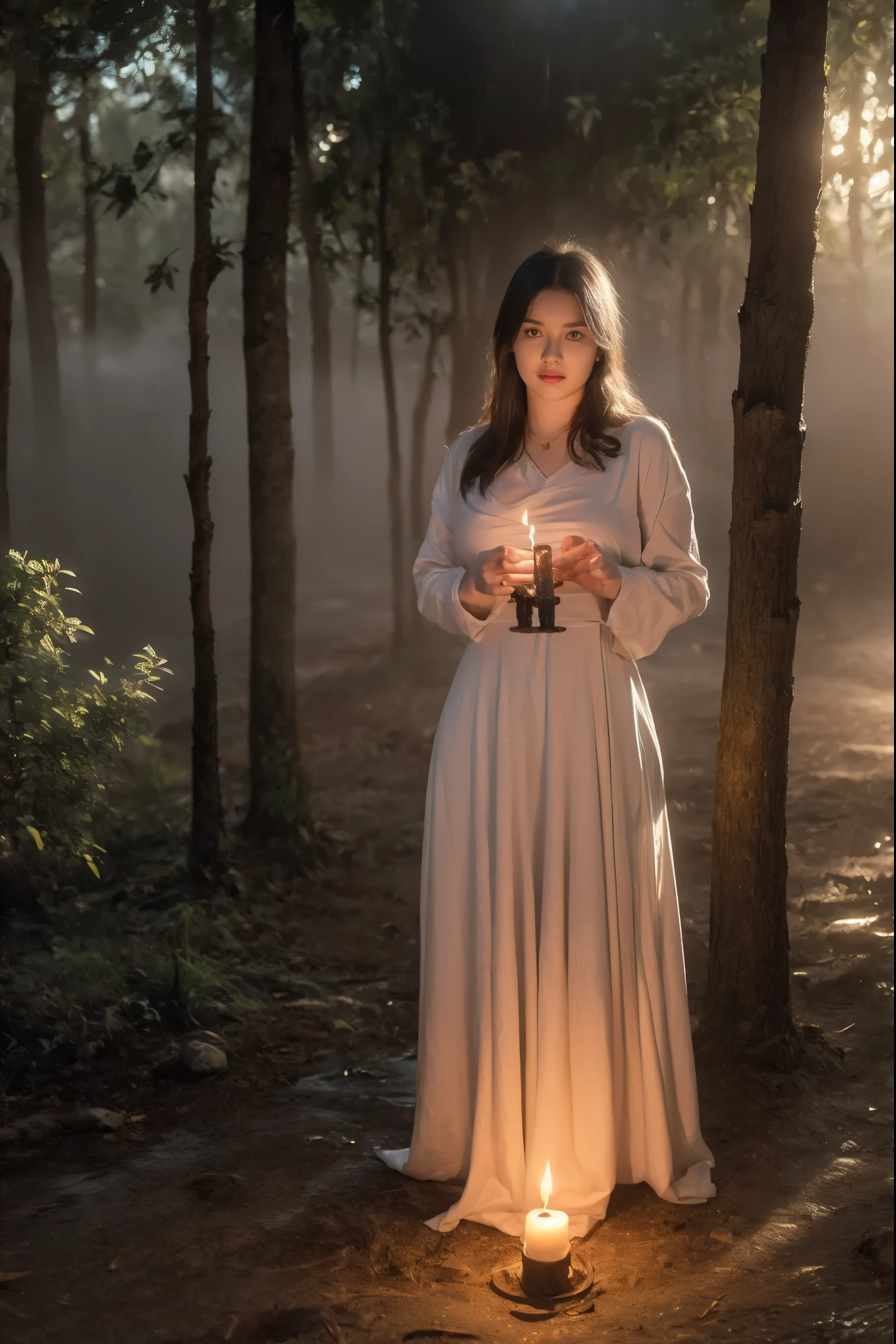 (masterpiece, best quality:1.2, 8k RAW photo, cinematic, high detailed photograph, natural soft lighting, photorealistic, realistic, mystic atmosphere), (((bare naked, fully nude))), a full body photograph of a young beautiful female forest witch with medium breast, ((( in a natural foggy forest, thick fog, holding a big candle, performing satanic sacrificial ritual, pentagram, summoning demons))), (heavy rain:1.5), temptating, seducing, hypnotizing viewer, (((mystical night scene, movie making, camera crew behind)))