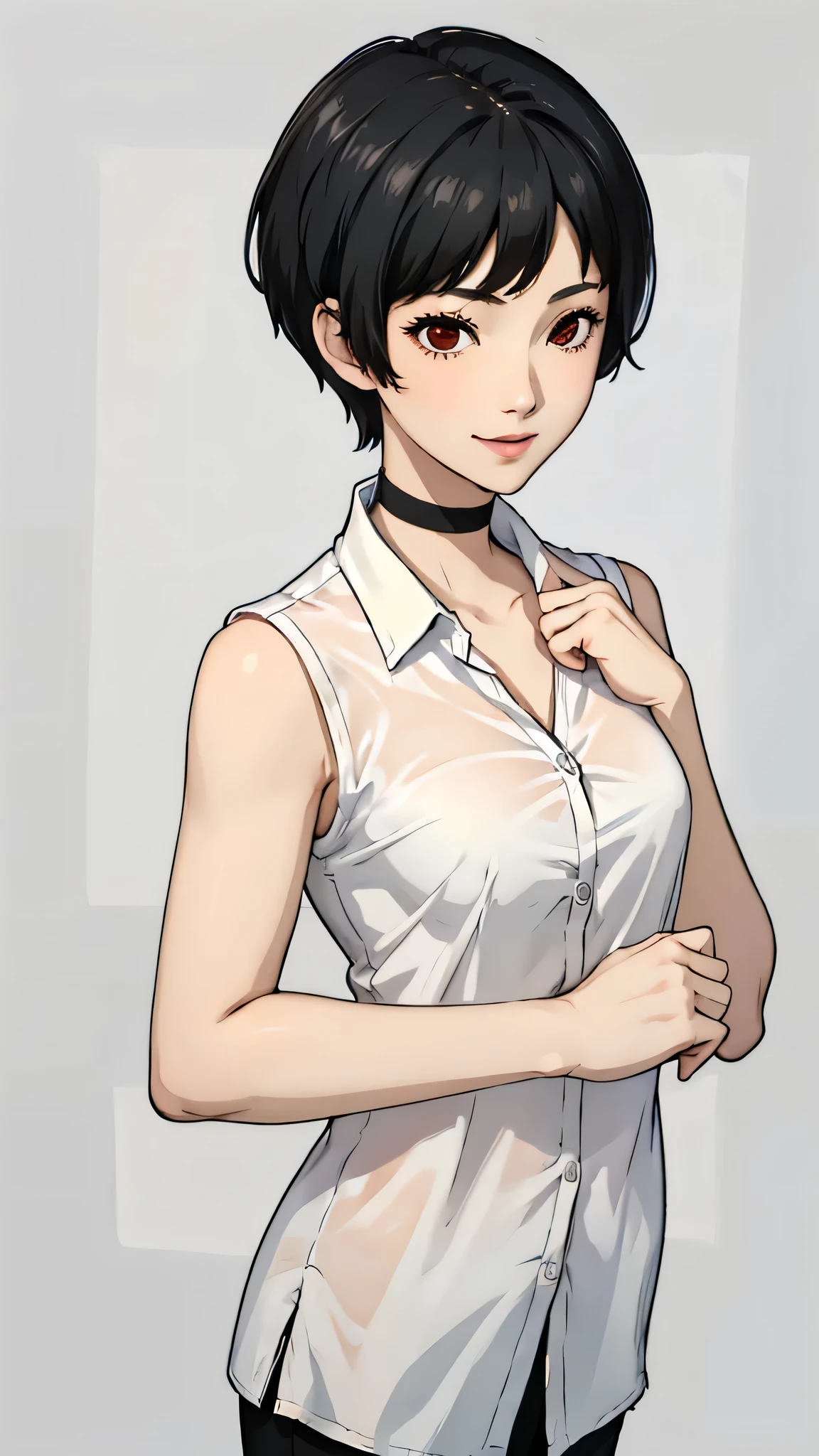 1girl, smile, tomboy Pixie haircut, very Short hair, black hair, black choker, white shirt, face portrait focus, joyfull smile, red eyes