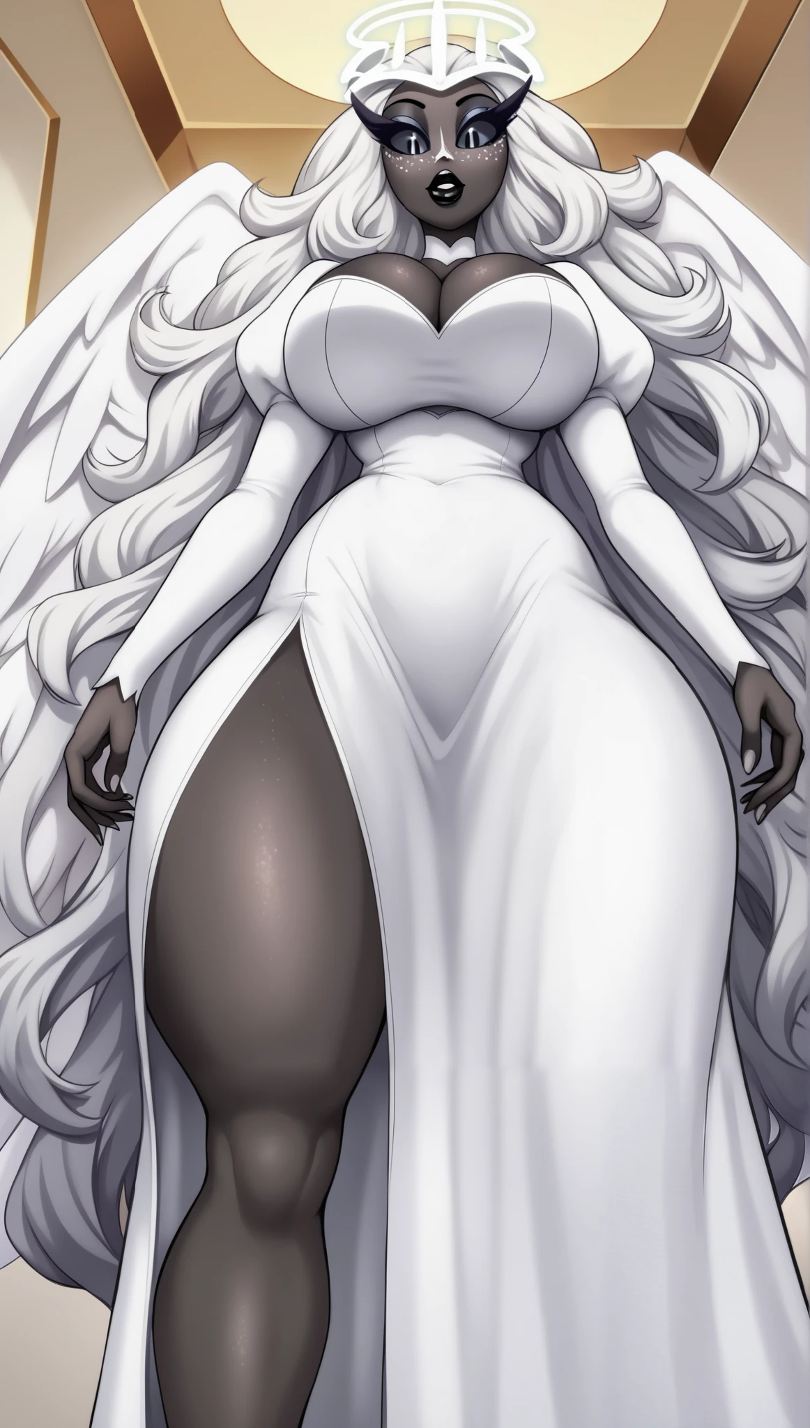 SeraHHXL, dark skin, colored skin, white nose, white freckles face, long eyelashes, makeup, black lips, grey sclera, colored sclera, black pupils, white hair, long hair, halo, glowing halo, angel wings, large breasts, wide hips, thick thighs, cleavage, puffy sleeves, white dress, high thigh slit dress, bare legs, 2slit dress, long slevees, long skirt, (solo), standing, from below, looking at viewer, indoors