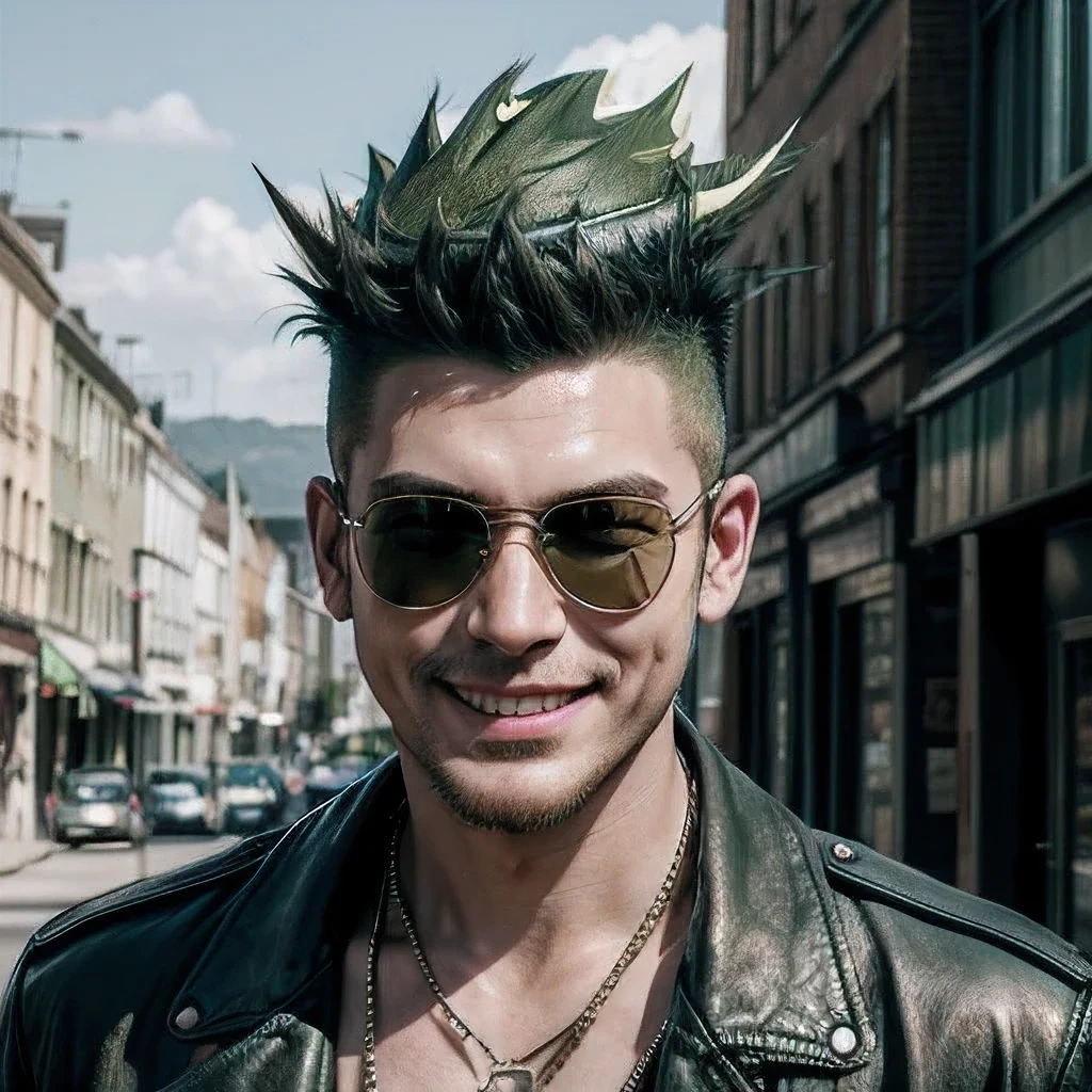 masterpiece, best quality, ultra-detailed, realistic, (1man, red mohawk, smile:1.3),(leopard leather jacket),(sunglass),(nacklace), BREAK (road),(arms wide),(cinematic lighting:1.2),