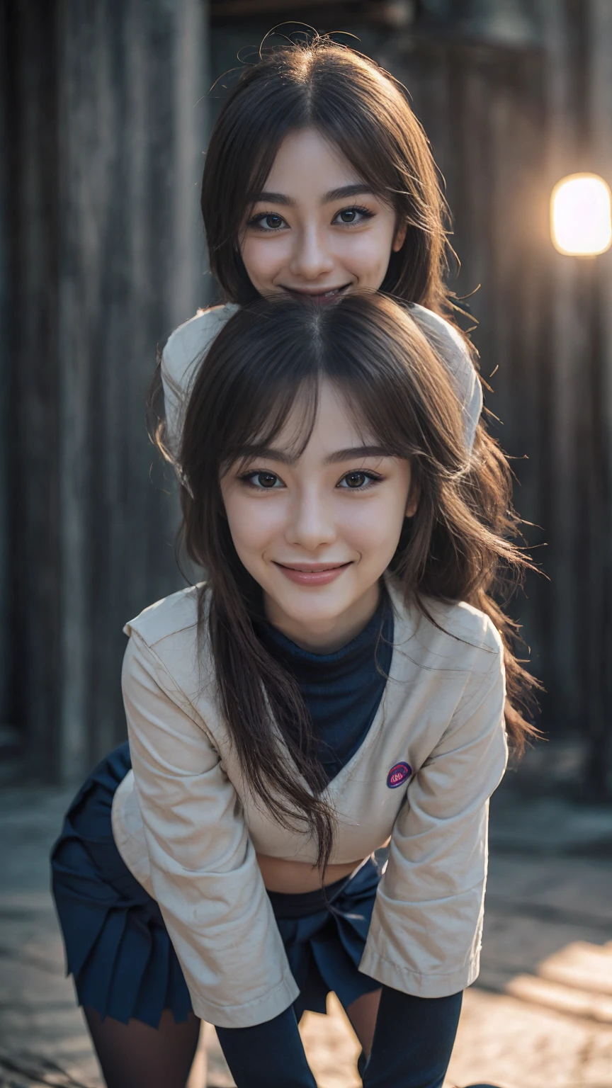 (Two natural strawberry blonde and redhead girls with pretty faces), (cute peace pose), wearing a white button shirt,  body, skinny, Atmospheric, Dark atmosphere, Edge lighting, Mao Akiyama、Sayaka Yamamoto、Jurina Matsui、Saito Asuka、Mao Akiyamaの顔の特徴8K, Full body portrait, elegant, Natural light, Spooky greenhouse at night, Sharp focus, (Highly detailed eyes and face, Professional photography techniques), (Beautiful small face, Beautiful Eyes, high nose, beautiful girl, high school , Idol Face, Baby Fasmile, Happy, K UHD, Hmph, Beautiful and soft skin, Vibrant Skin, blush, (Chirarizum:1.3, Unbutton a white shirt:1.2), (Beautiful breasts, Cleavage), (Small beautiful butt), (Detailed hands:1.2, Beautiful nails, The optimal ratio is four fingers to one thumb), Perfect proportions, (Perfect Anatomy:1.3), (Highest quality, Masterpiece, Highest quality, Ultra high definition, Photorealism:1.4), (Gaze at the viewer)