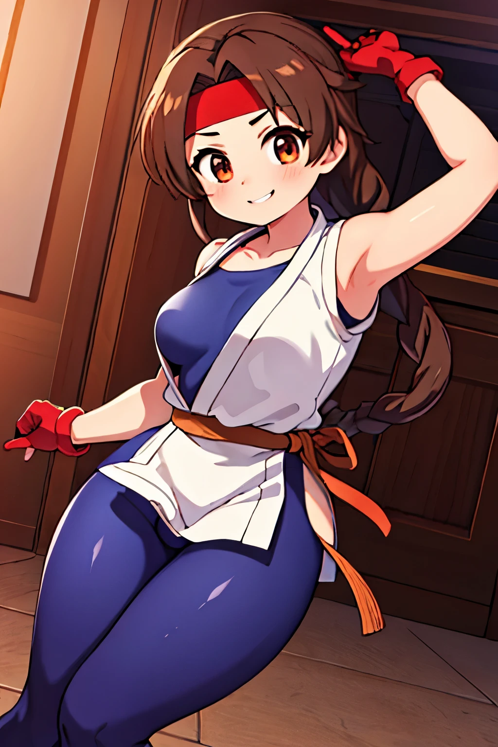 (masterpiece, best quality, high resolution, unity 8k wallpaper, extremely detailed CG:1), (illustration:1.0), 1girl,solo, yurims, headband, dougi, spandex, gloves, thicc thighs, sweet smile