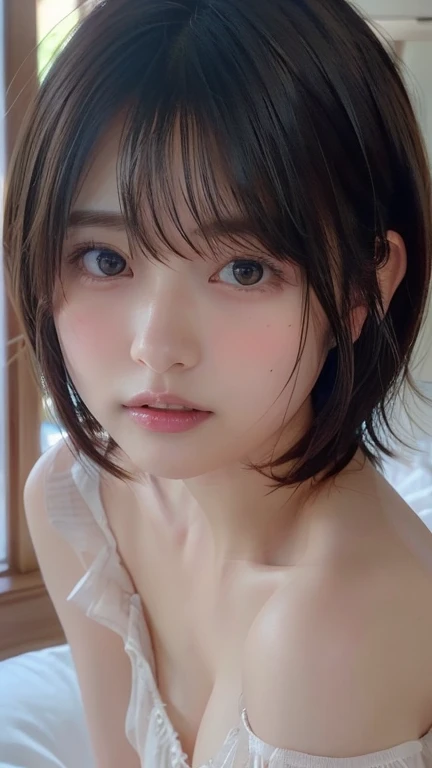 ((masterpiece,  top quality ,  high res)),  1 Japanese Girl , ( realistic : 1.4),  excited、 Amazing Face , glossy lips 、 short hair, Brown Hair、( beautiful hair:1.5),  negligee 、 beautiful legs、 on the bed、staring、 front angle, smooth,  Highly Detailed CG Composite 8K Wallpaper,  high resのRAWカラー写真, Professional photography, light, Backlight,  dreamy, Impressive,  written border depth, ( face close-up :1.5)、 small tits、mole、 selfie、 teardrop bags、 shoulder out
