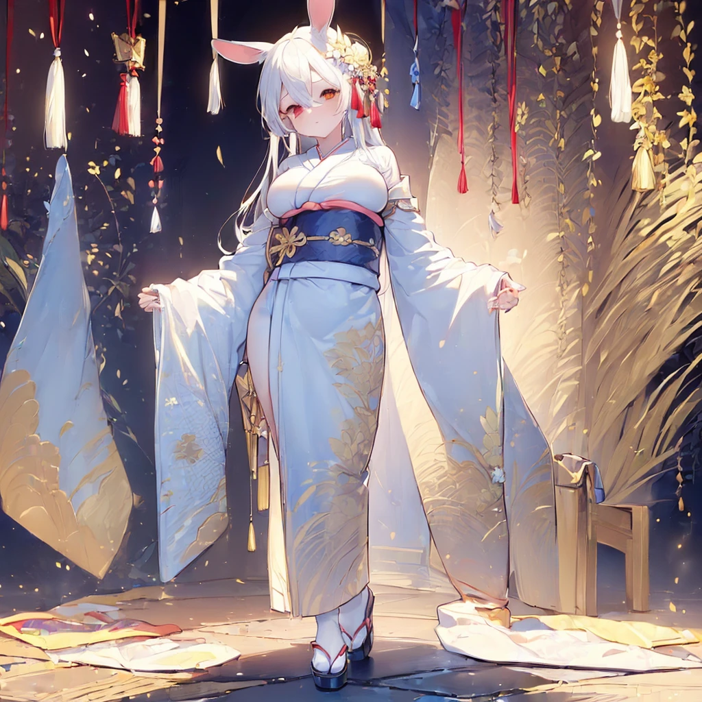 ((((Hand Repair,Foot repair:1.3)))),masterpiece,8k,(((( 1 girl)))), beautiful girl, Shrine grounds background,((((full body shot,very wide shot,Rabbit Ears,I'm hiding my ears with my hair)))),(((Perfect white hair, long hair))), (((((Highlight Eyes,  heterochromia, gold color right eye,red color left eye, kimono,she wearing a blue color furisode,Big Breasts, short stature))))), facing forward 