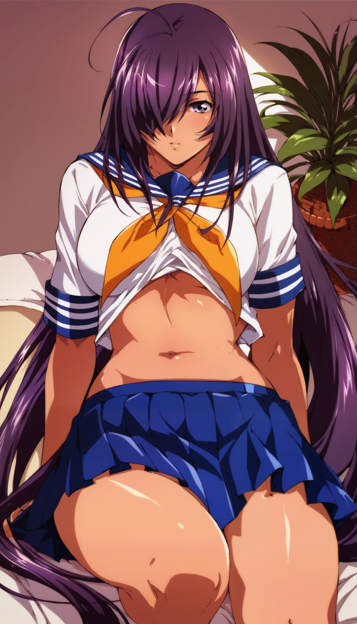 unparalleled masterpiece, 8k, high quality,perfect artwork, outdoor, 1girl,18yo,muscular female, kanu unchou,fingerless gloves, midriff, loose socks, no skirt, yellow neckerchief, earrings, loafers, low-tied long hair, hair over one eye, clean, beautiful face, pure face, pale skin, shiny hair, colored inner hair, detail hair, Long eyelashes, braid, (finely detailed beautiful eyes and face), hyper extreme detailed, stunning lighting effects, (sexy pose:1.2),large breasts,erected nipples,cleavage,navel,underboob,(micro panties,cameltoe:1.2),(see through white shirt:1.3),(red blush,embarrassment:1.2),sitting,(sweat:1.2),(from below,looking down,spread legs:1.2)
