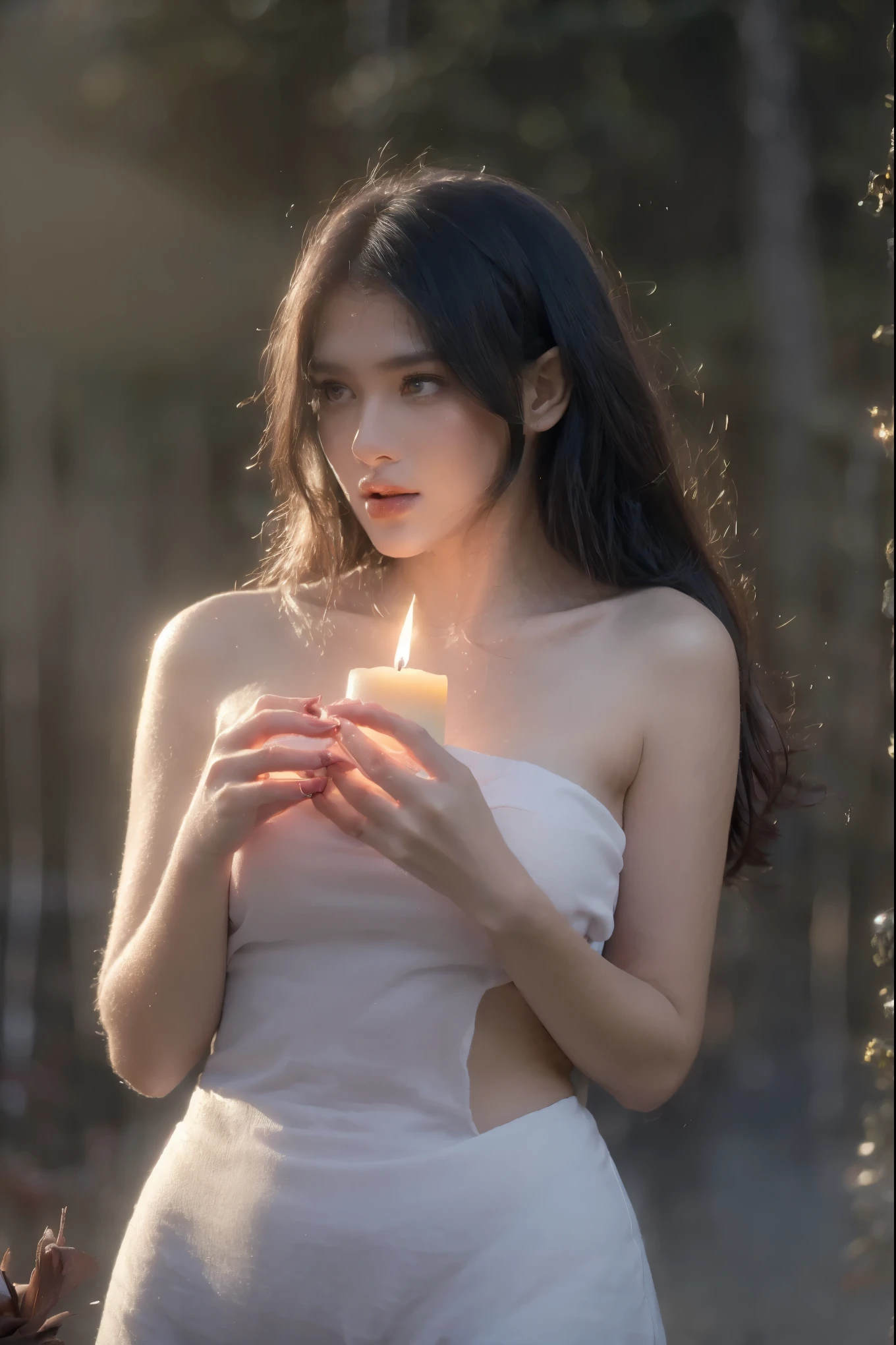 (masterpiece, best quality:1.2, 8k RAW photo, cinematic, high detailed photograph, natural soft lighting, photorealistic, realistic, mystic atmosphere), (((bare naked, fully nude))), a full body photograph of a young beautiful female forest witch with medium breast, ((( in a natural foggy forest, thick fog, holding a big candle, performing satanic sacrificial ritual, pentagram, summoning demons))), (heavy rain:1.5), temptating, seducing, hypnotizing viewer, (((mystical night scene, movie making, camera crew behind)))