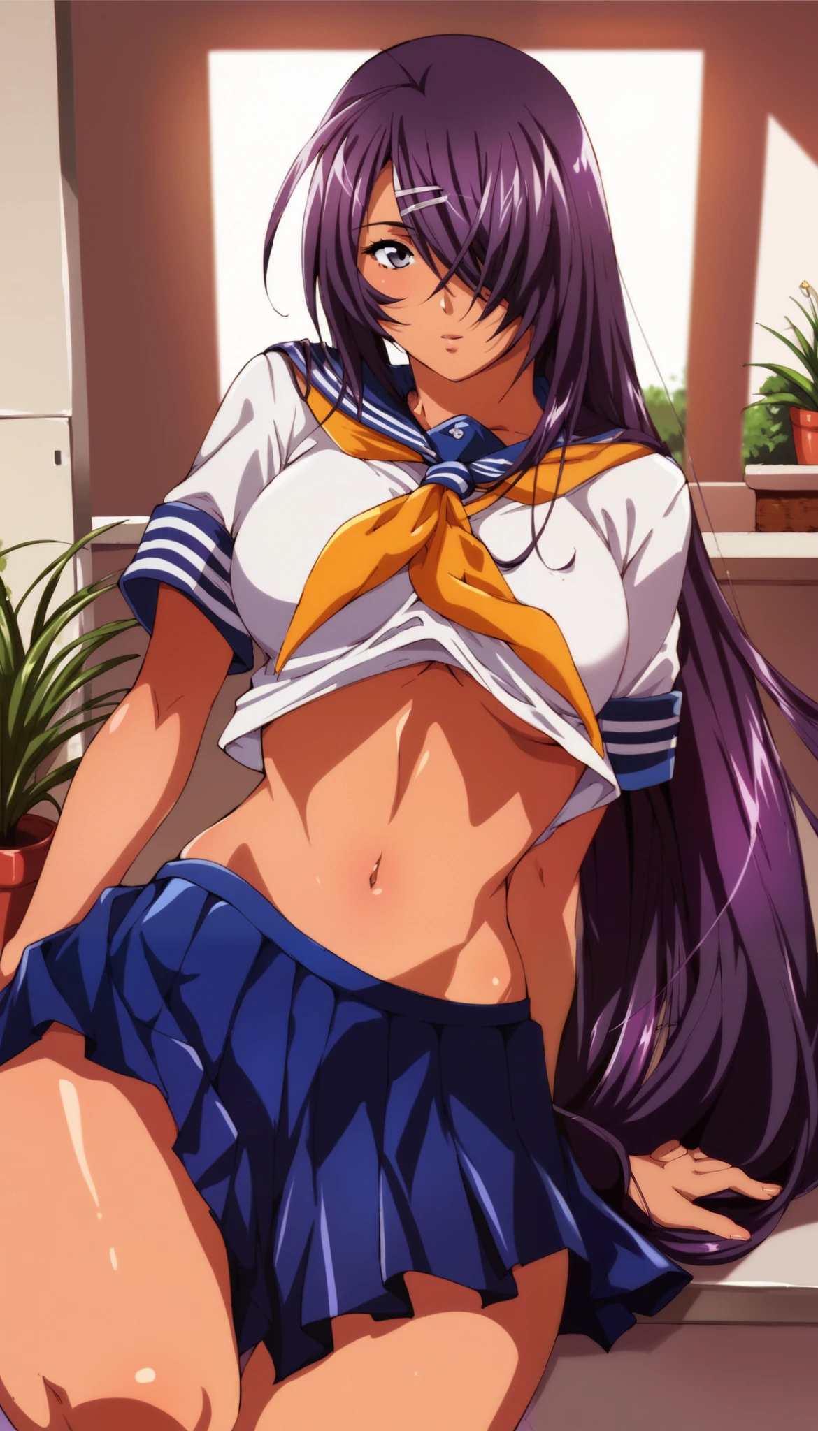 score_9, score_8_up, score_7_up, score_6_up, score_5_up, score_4_up, masterpiece, best quality,source_anime, break, clip skip：2,
1girl, Alone, sexy, bedroom, school, plant, large breasts, hair over one eye, very long hair, school uniform, skirt, navel, purple hair