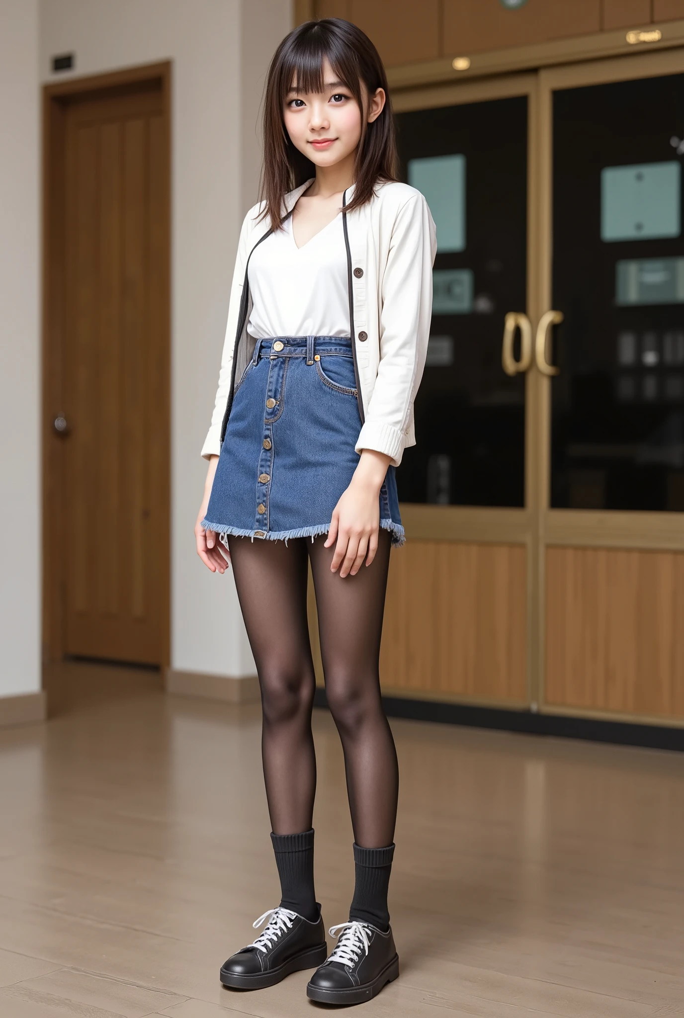 super real , photorealistic , she looks very happy , shadow, Global Pi Illuminations , alone, (Teenage Japanese Girl:1.5), very beautiful and delicate Japanese girl , very beautiful、 smile , slim, beautiful legs ， surimi waist 、  jacket、blouse、 Knee-length Skirts 、 socks、 sneakers、 facing forward， full body photo ，
