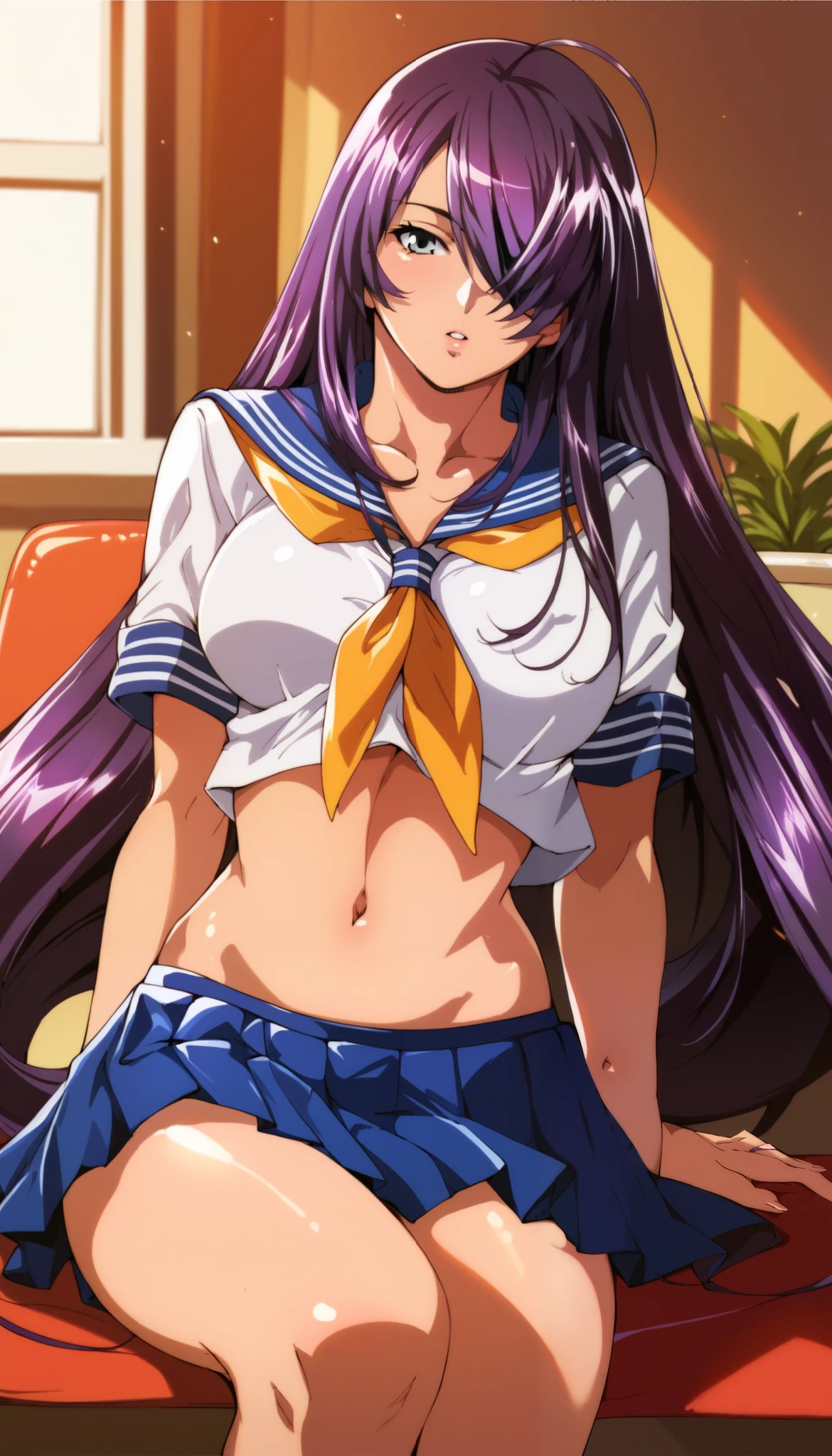 score_9, score_8_up, score_7_up, score_6_up, score_5_up, score_4_up, masterpiece, best quality,source_anime, break, clip skip：2,
1girl, Alone, sexy, bedroom, school, plant, large breasts, hair over one eye, very long hair, school uniform, skirt, navel, purple hair