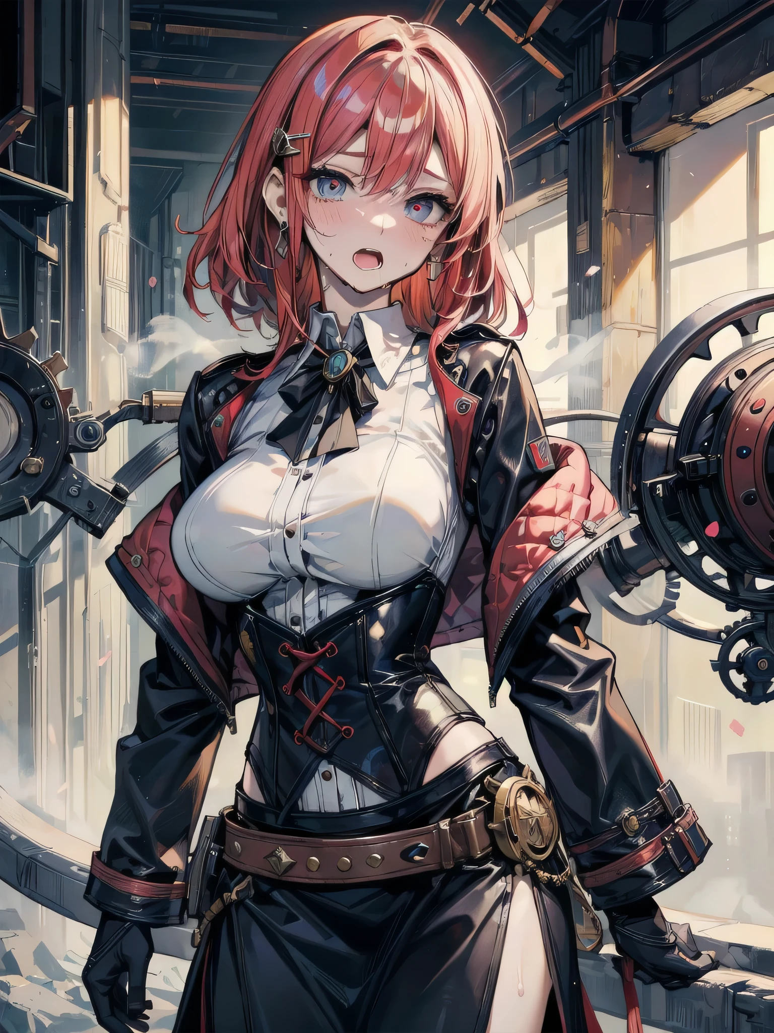 ((Sketch)), ((Watercolor)),((best quality)) ((best quality)), ((masterpiece)), (detailed), HD, Highly Detailed, 4k image, anime style, beautiful young girl, tanned white skin, waist-length silver-red colored hair wirh red highlights at the edges, soft facial features, heterochromatic eyes(left eye: silver)(right eye: red), gothic sundress, cherry red plump lips, large E-cup breasts, short height(150cm). wide hips and large round ass, silver round-frame glasses