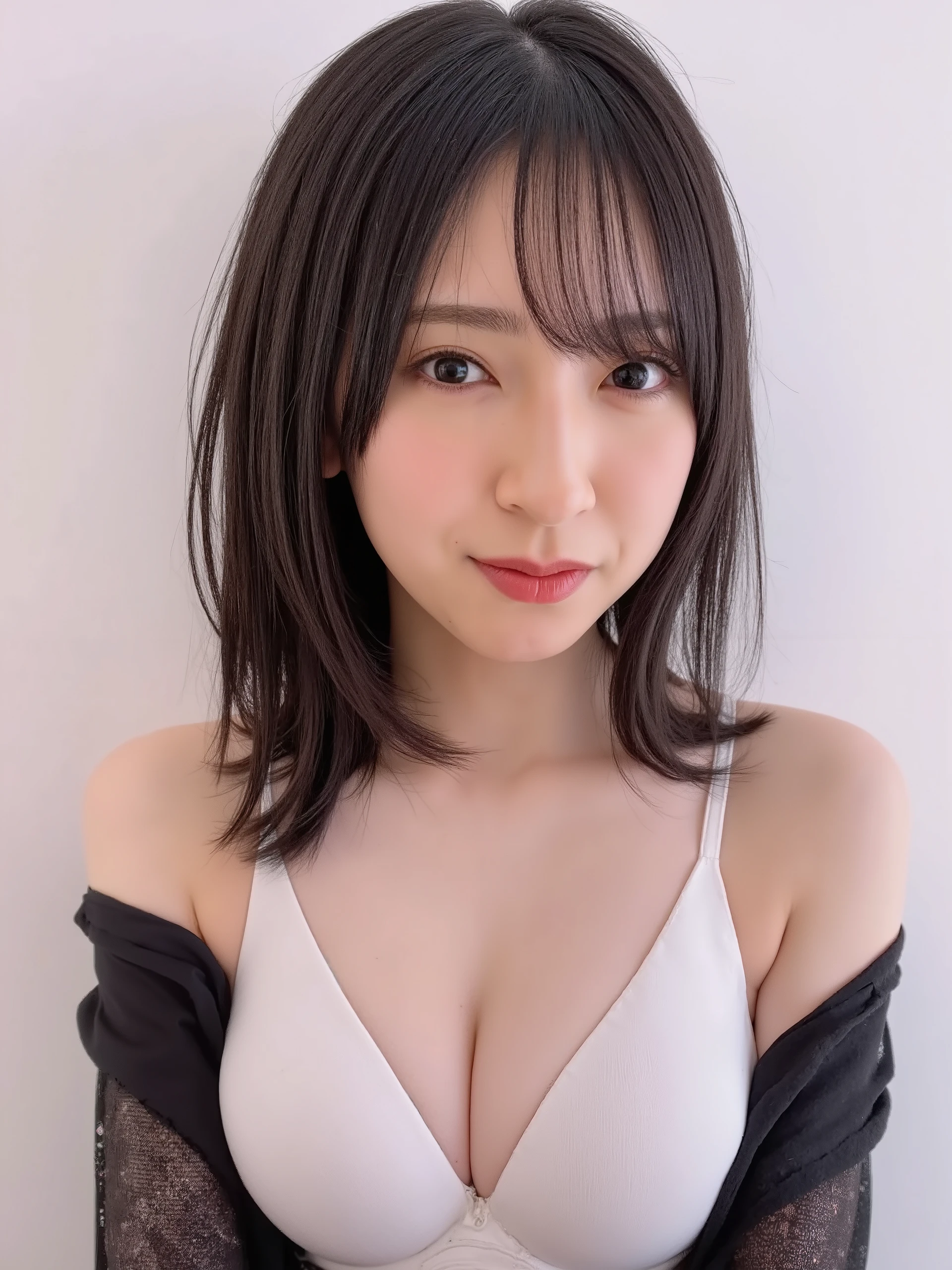 ((( High resolution,top quality, super detailed, Masterpiece , very detailed,realistic,real person,Ultra detailed skin))) ,simple background, from front, medium shot, looking at viewer , smile, (standing), black hair, medium hair, medium breasts, cleavage, (see-through blouse, bra visible through clothes), skirt