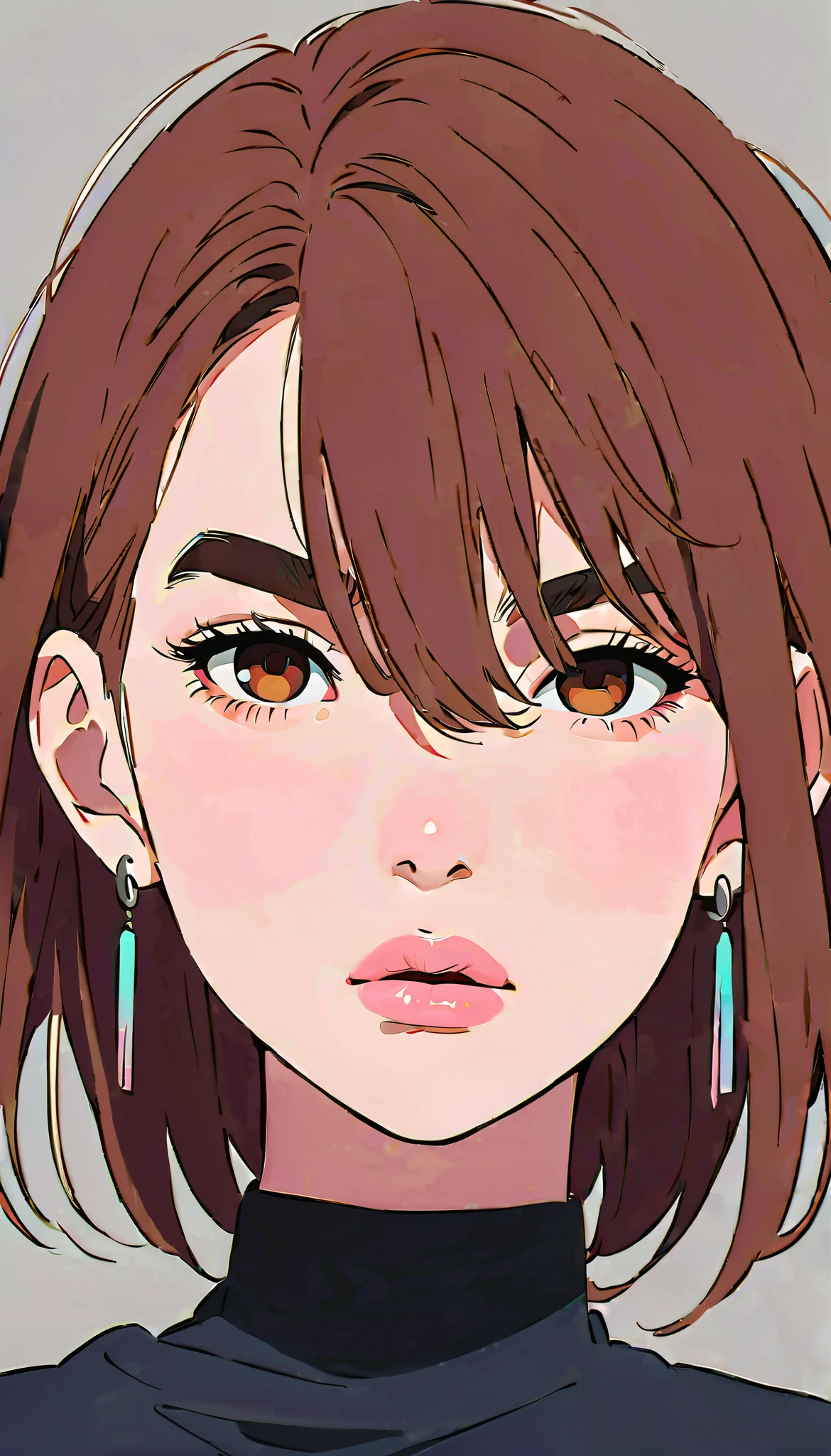 KYOMOMO、 brown hair 、 brown eyes、 medium hair、 hair between eyes 、 thick eyebrows、 earrings for women with first name、(masterpiece、 top quality : 1.2)、One depressed girl、 anime style、 pink lips、 in the style of famous portraitists、It looks sick、stare at the audience 、Gray background。