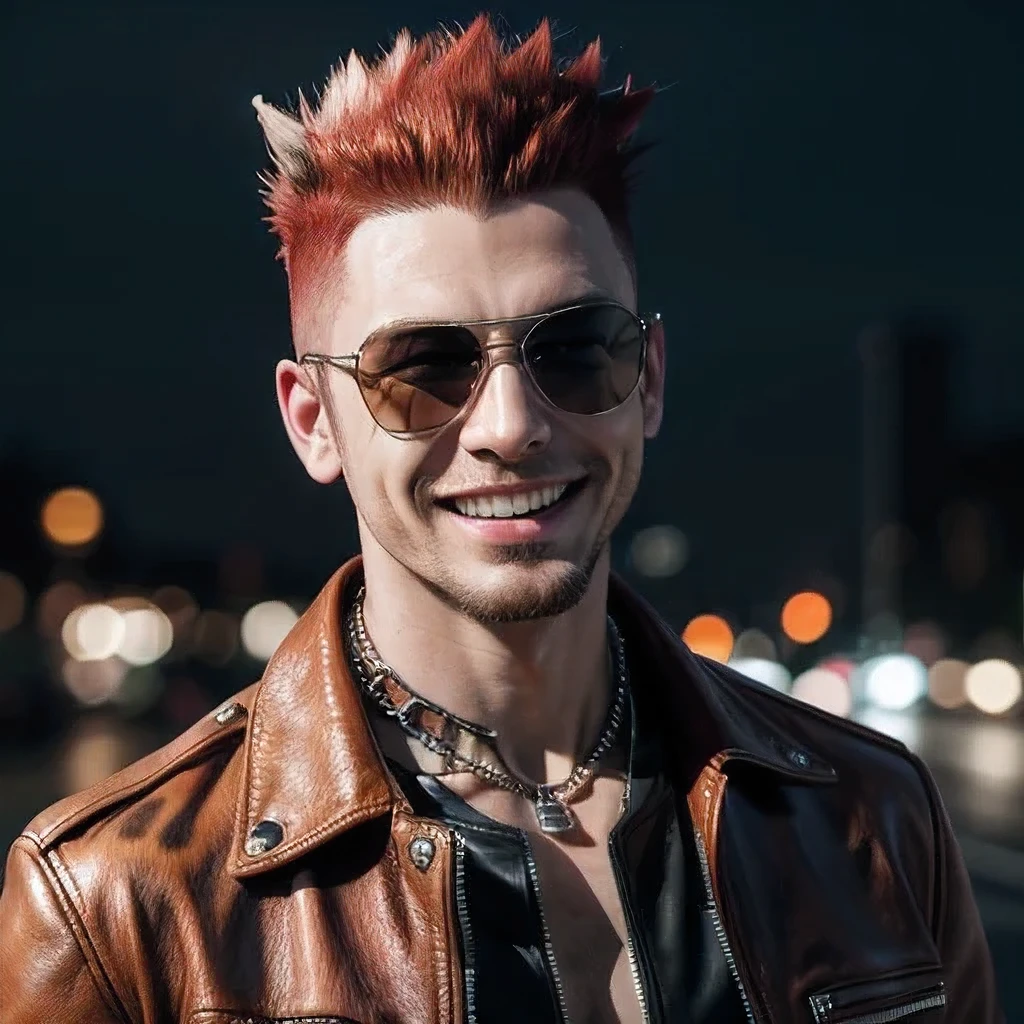 masterpiece, best quality, ultra-detailed, realistic, (1man, red mohawk, smile:1.3),(leopard leather jacket),(sunglass),(nacklace), BREAK (road),(arms wide),(cinematic lighting:1.2),