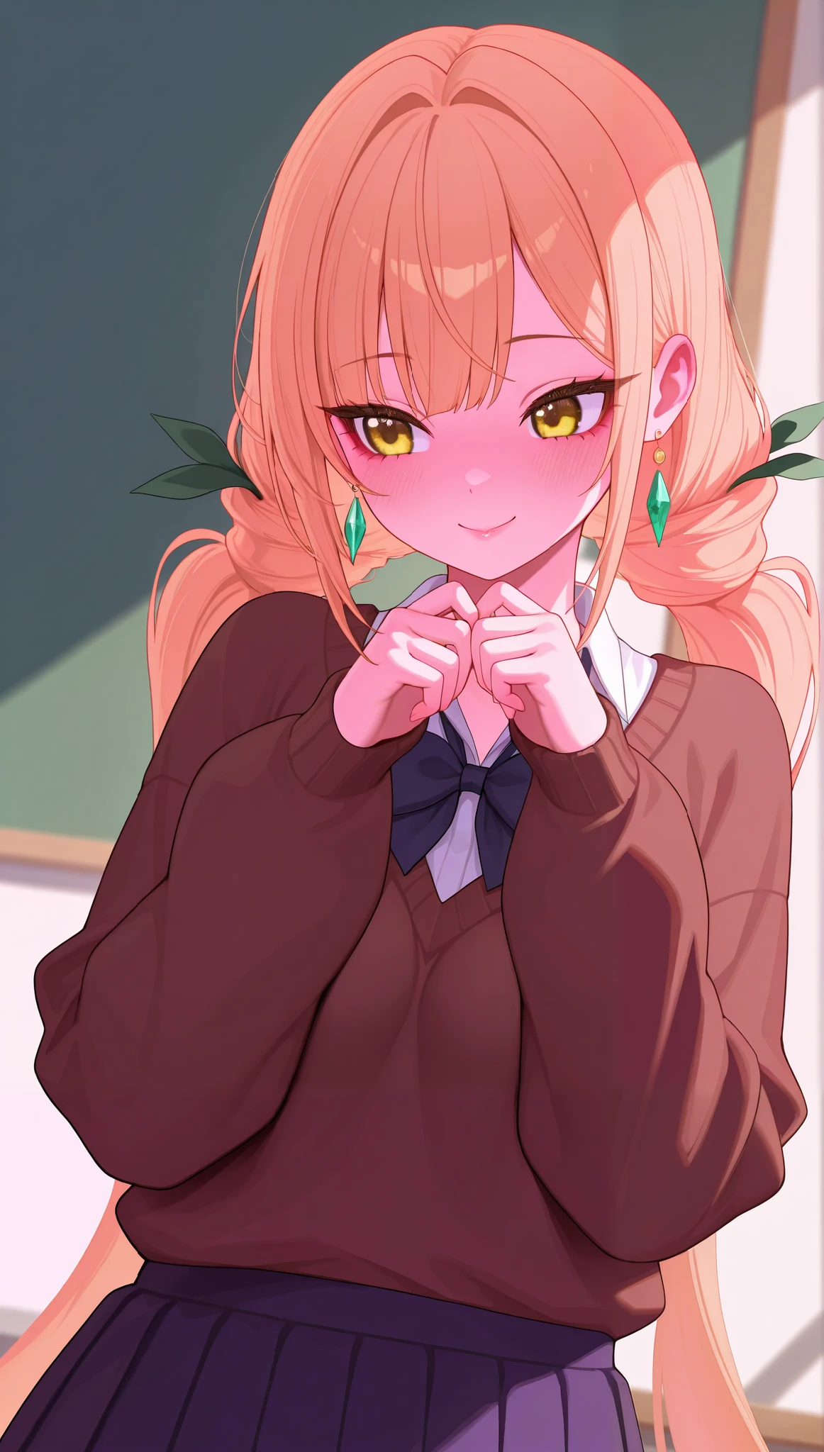(masterpiece), (portrait), small  (aesthetics), ((1 female 21 years old)), Highlight earrings), ((long hair, bow in her hair)), ((Hot crystal light brown hair, long pigtails, bows in the hair)), ((Karane Inda)) straight hair, thin eyes open, cold look, yellow eyes, cute, , blushing, beautiful smile shy happy, lane, woman, feminine, beautiful, female features, top, high quality, aesthetic clothing, professional angle, (rule of thirds), (feminine), , (beautiful) , (female), solo, (Korean attractive), summer, (ink haze), (afternoon), (vibrant light),  posture, ((face looking forward))), Karane Inda, school uniform, brown sweater long sleeves, pleated skirt, sensual ((Energy)), (Bold Makeup), (), Fair Skin, (Clothes with Hip Hop Details), (a hot Karane Inda, sculptural body,  pose), (Sleep Neckline), Beautiful Hands, Body beautiful, beautiful ears, beautiful eyes, bright eyes, beautiful mouth, beautiful lips, classroom