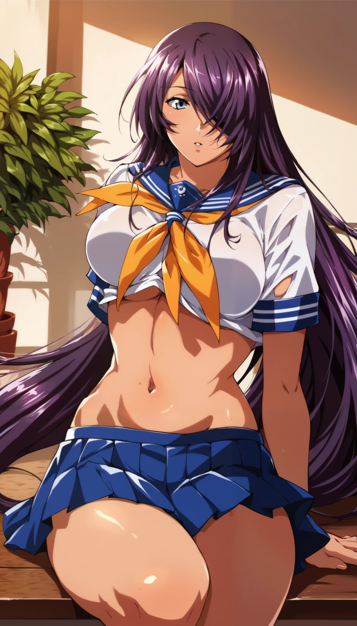 score_9, score_8_up, score_7_up, score_6_up, score_5_up, score_4_up, masterpiece, best quality,source_anime, break, clip skip：2,
1girl, Alone, sexy, bedroom, plant, large breasts, hair over one eye, very long hair, school uniform, skirt, navel, purple hair,we have,