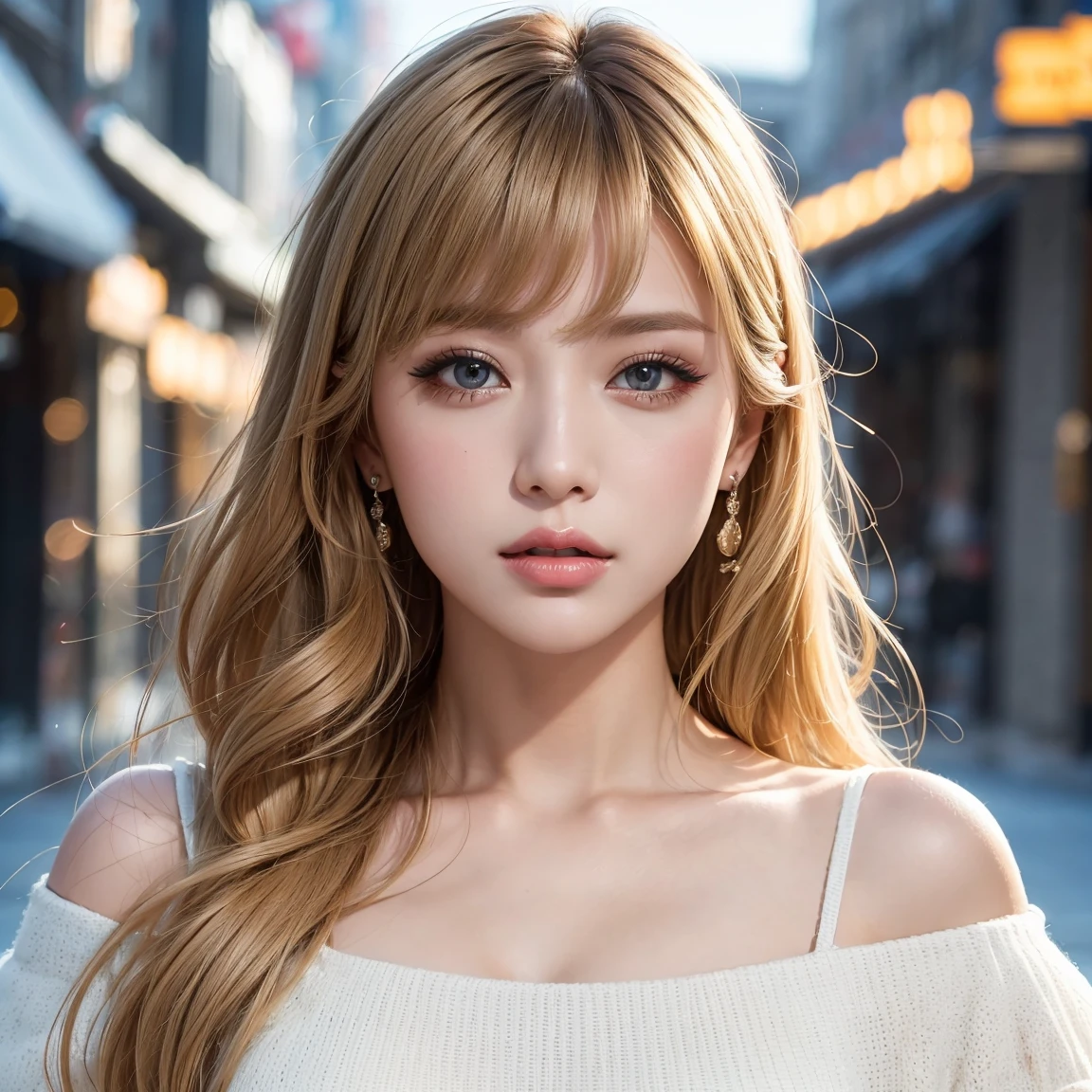 Layered Bob Hairstyle, (blonde hair, The inner color is red:1.2), She is beautiful, Glowing golden eyes, masterpiece, Highest quality,(Realistic: 1.4), Ultra-high resolution, Unity 8k, (Beautiful and beautiful eyes:1.6), Symmetric, Highly detailed face, Perfect lighting, (Perfect hands, Perfect Anatomy), (Urban Background:1.3), ((Maxi knit dress and leopard print fur coat 1.3)), (Browsing Caution:1.3),