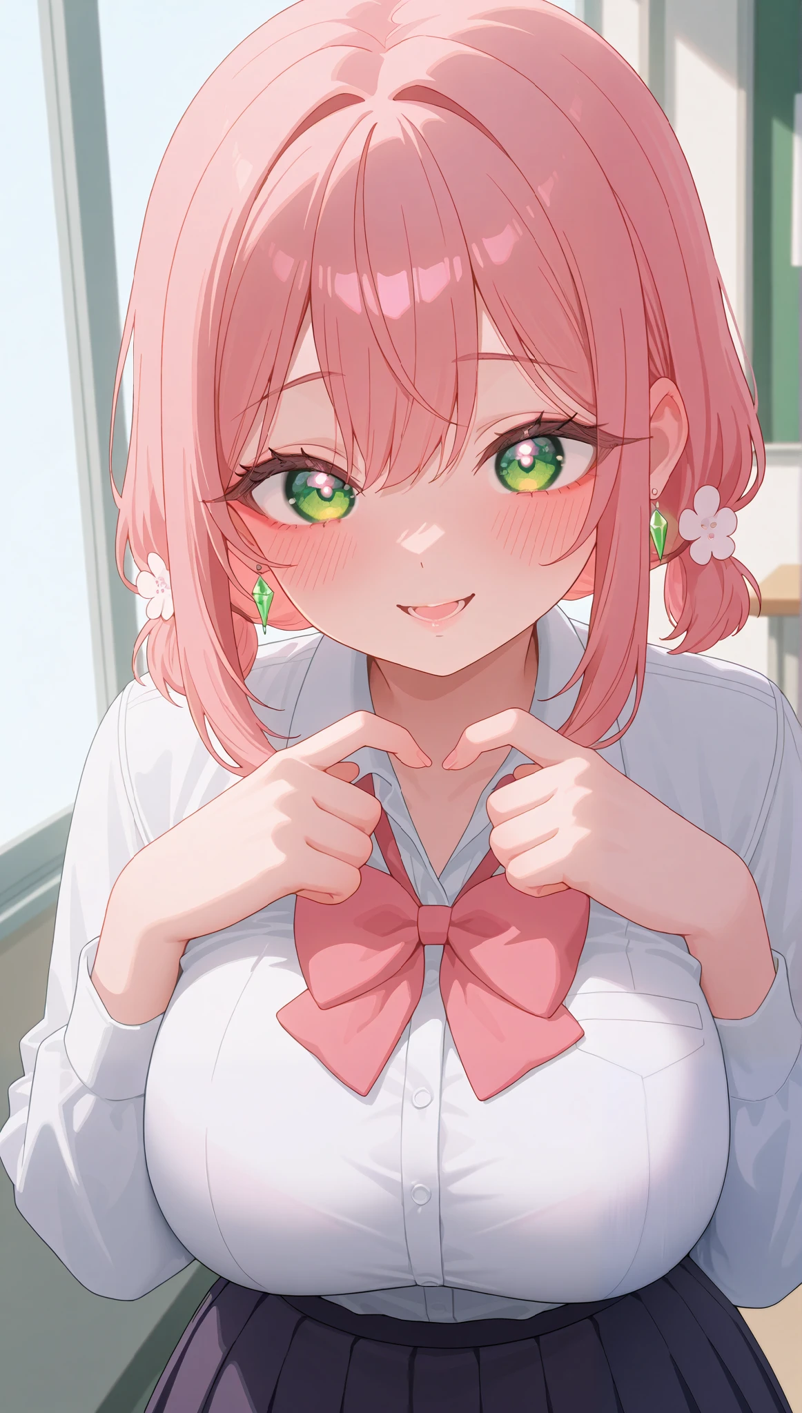 (masterpiece), (portrait), big breasts (aesthetics), ((1 female 21 years old)), Highlight earrings), ((short hair, locks of hair on each side, flower in the hair)), ((Hot crystal pink hair, long pigtails, bows in the hair)), ((Hakari Hanazono)) straight hair, thin eyes open, cold look, green eyes, cute, naughty, blushing, malicious smile, lane, woman, feminine, beautiful, female features, top, high quality, aesthetic clothing, professional angle, (rule of thirds), (feminine), , (beautiful) , (female), solo, (Korean attractive), summer, (ink haze), (afternoon), (vibrant light), seductive posture, ((face looking forward))), Hakari Hanazono, school uniform, long sleeves, pleated skirt, sensual ((Energy)), (Bold Makeup), (big Breasts), Fair Skin, (Clothes with Hip Hop Details), (a hot Hakari Hanazono, sculptural body, sexy pose), (Sleep Neckline), Beautiful Hands, Body beautiful, beautiful ears, beautiful eyes, bright eyes, beautiful mouth, beautiful lips, classroom