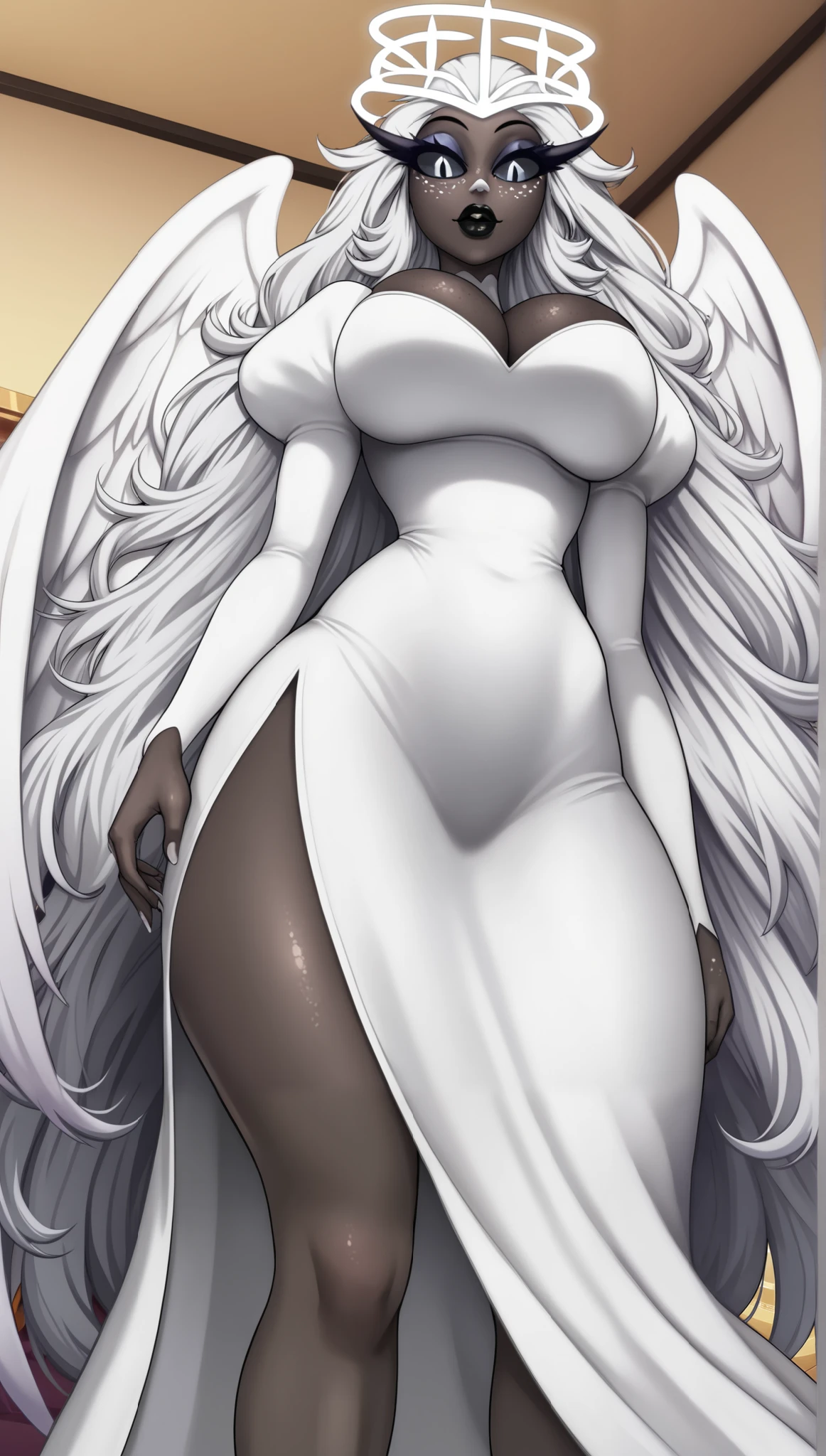 SeraHHXL, dark skin, colored skin, white nose, white freckles face, long eyelashes, makeup, black lips, grey sclera, colored sclera, black pupils, white hair, long hair, halo, glowing halo, angel wings, large breasts, wide hips, thick thighs, cleavage, puffy sleeves, white dress, high thigh slit dress, bare legs, 2slit dress, long slevees, long skirt, (solo), standing, from below, looking at viewer, indoors