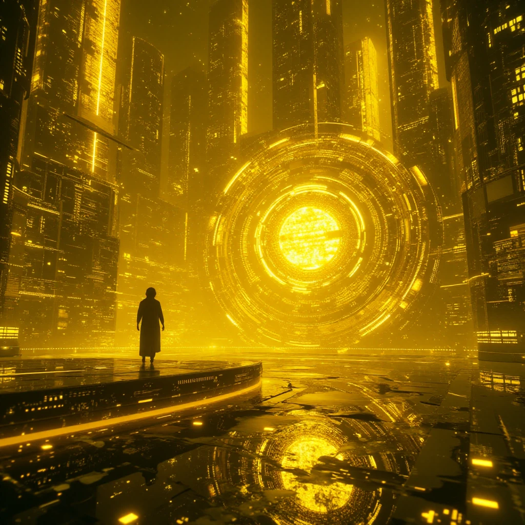 Long exposure cinematic stretch photography, cinematic, high dynamic range style, cyber world, digital space events, main color yellow, cyber clock, time controlled space, super slow motion camera,