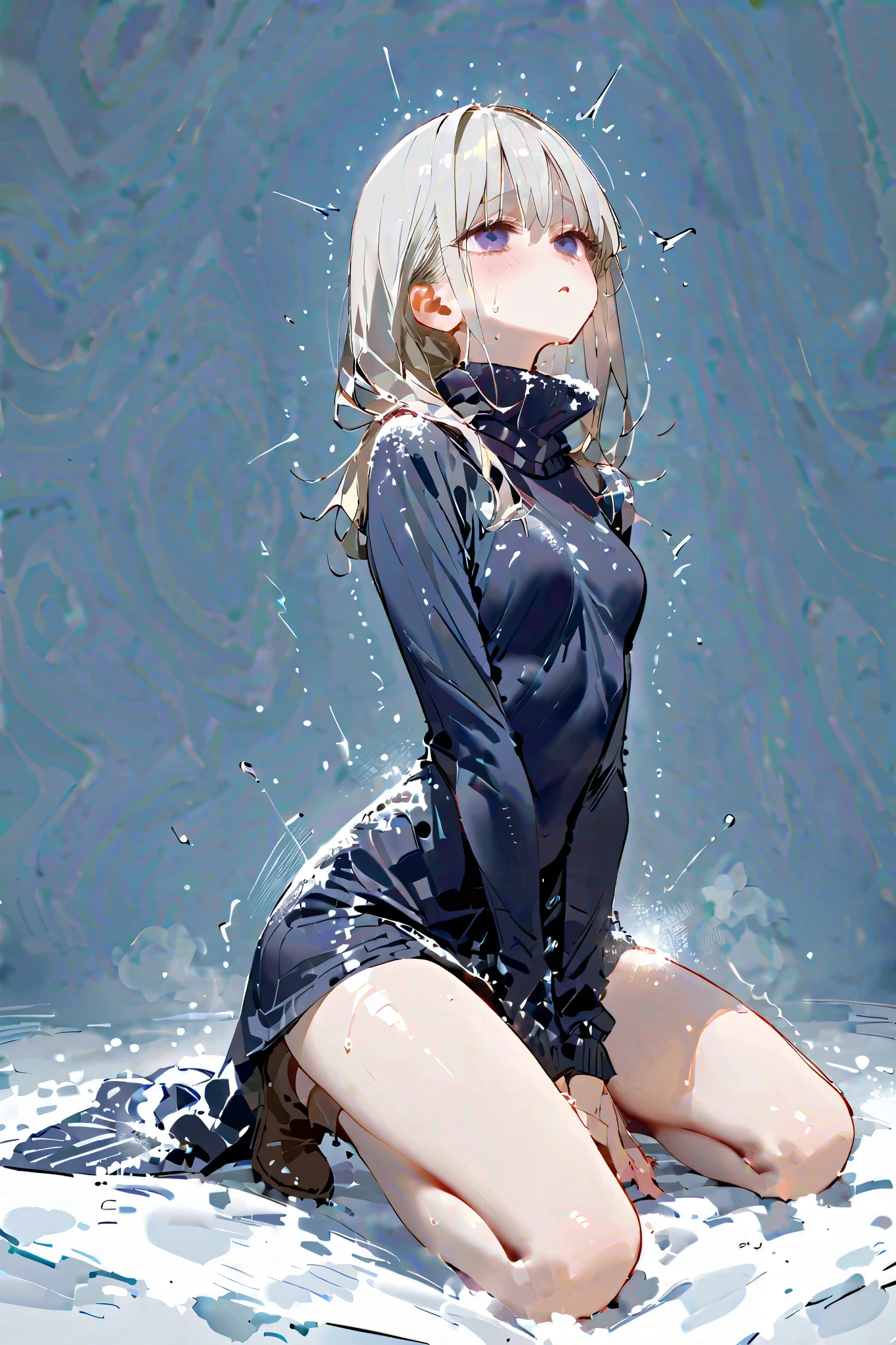 Sketch image of a woman freezing in the cold and her skin trembling、arched back、kneeling, empty eyes,