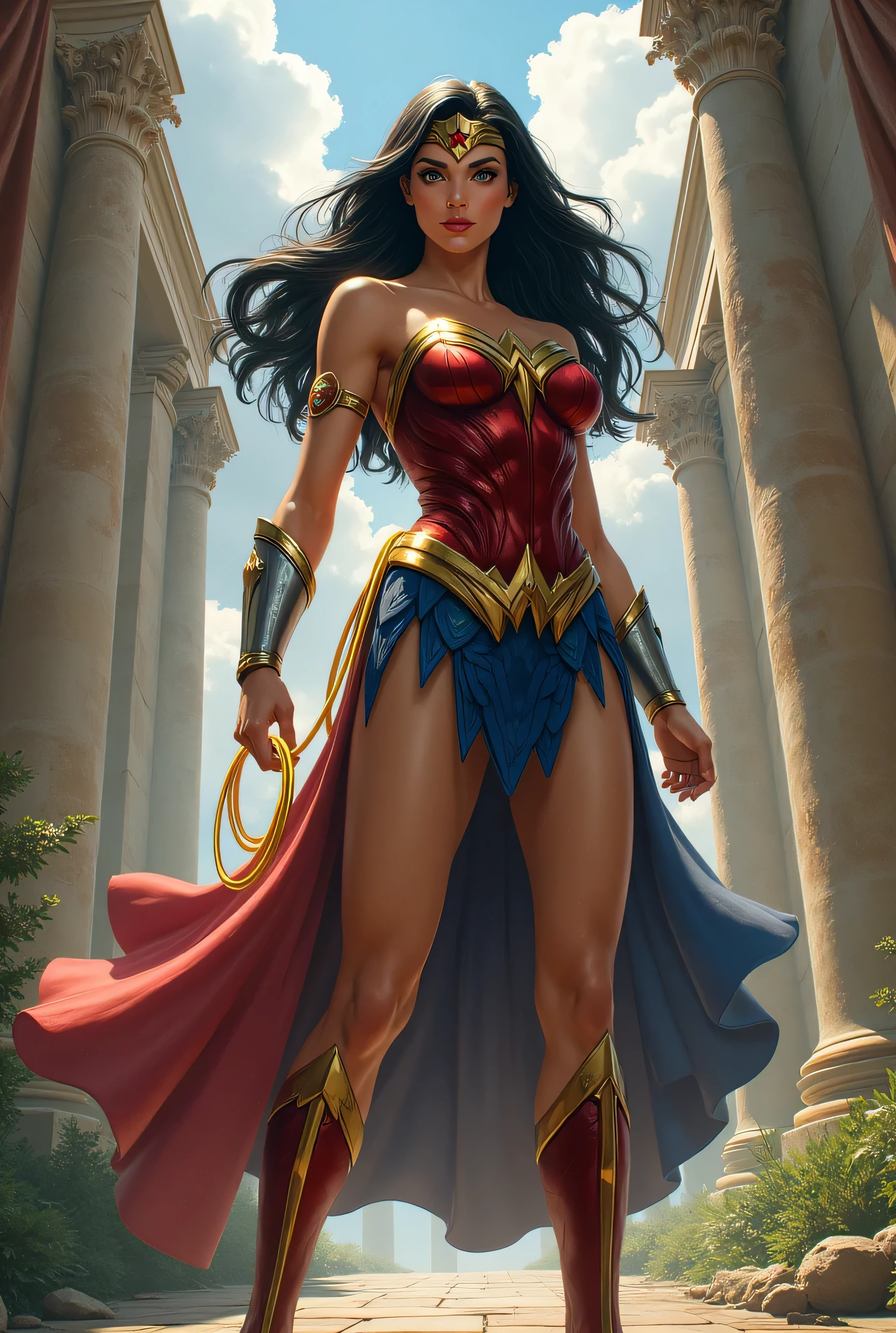 (Megan Fox,Wonder Woman,beautiful woman,muscular female body,toned abs,long dark hair,piercing green eyes,confident pose,superhero outfit,gold tiara,lasso of truth,epic dramatic lighting,cinematic angle,dramatic shadows,vibrant colors,epic fantasy,digital art,concept art,hyper detailed,photorealistic,8k,best quality,masterpiece:1.2)