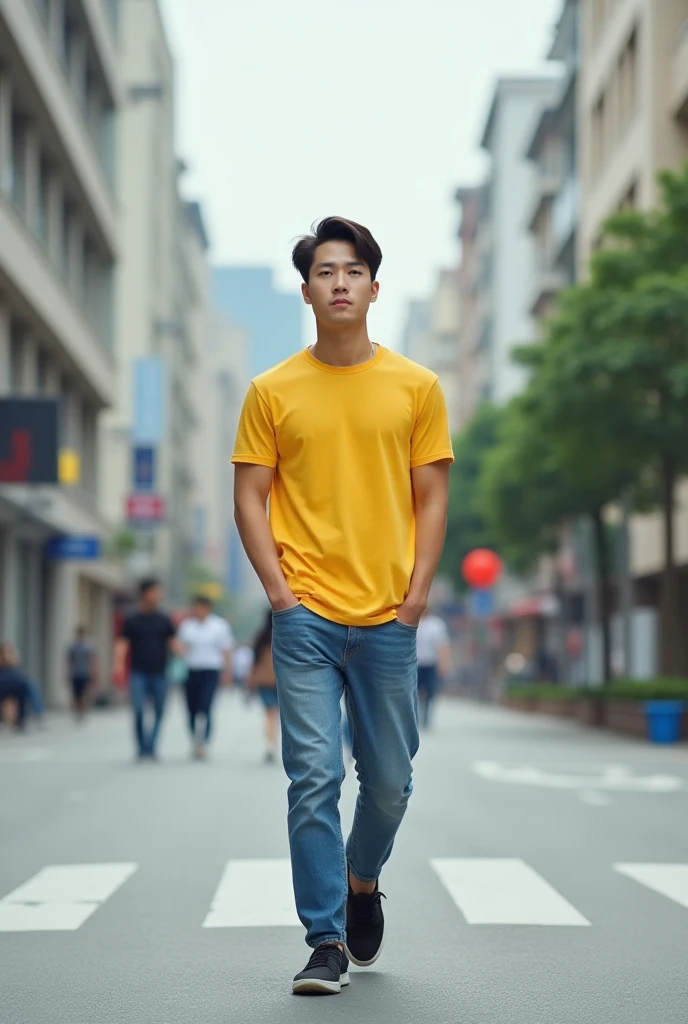 A Korean man is wearing yellow t shirt, jeans, and black sneakers. The man is walking alone through the street. A front view realistic photography, with a few city buildings and a few persons as its background.