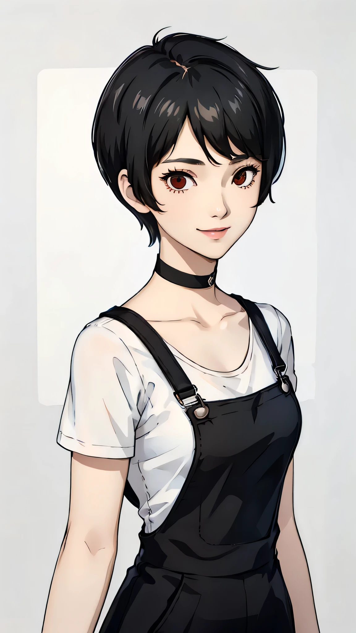 1girl, smile, tomboy Pixie haircut, very Short hair, black hair, black choker, white shirt, face portrait focus, Open smile, red eyes, black overalls