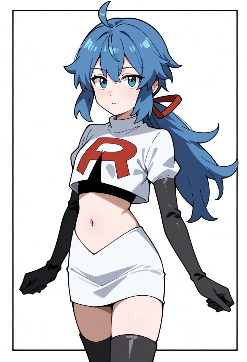 masterpiece, best quality, white background, looking the viewer, 
 1girl, blue hair, blue eyes, hair ribbon, ahoge, long hair, ponytail,  hair between eyes, red ribbon, navel, team rocket,team rocket uniform,white skirt,red letter R,crop top,black thigh-highs,black elbow gloves, cowboy_shot