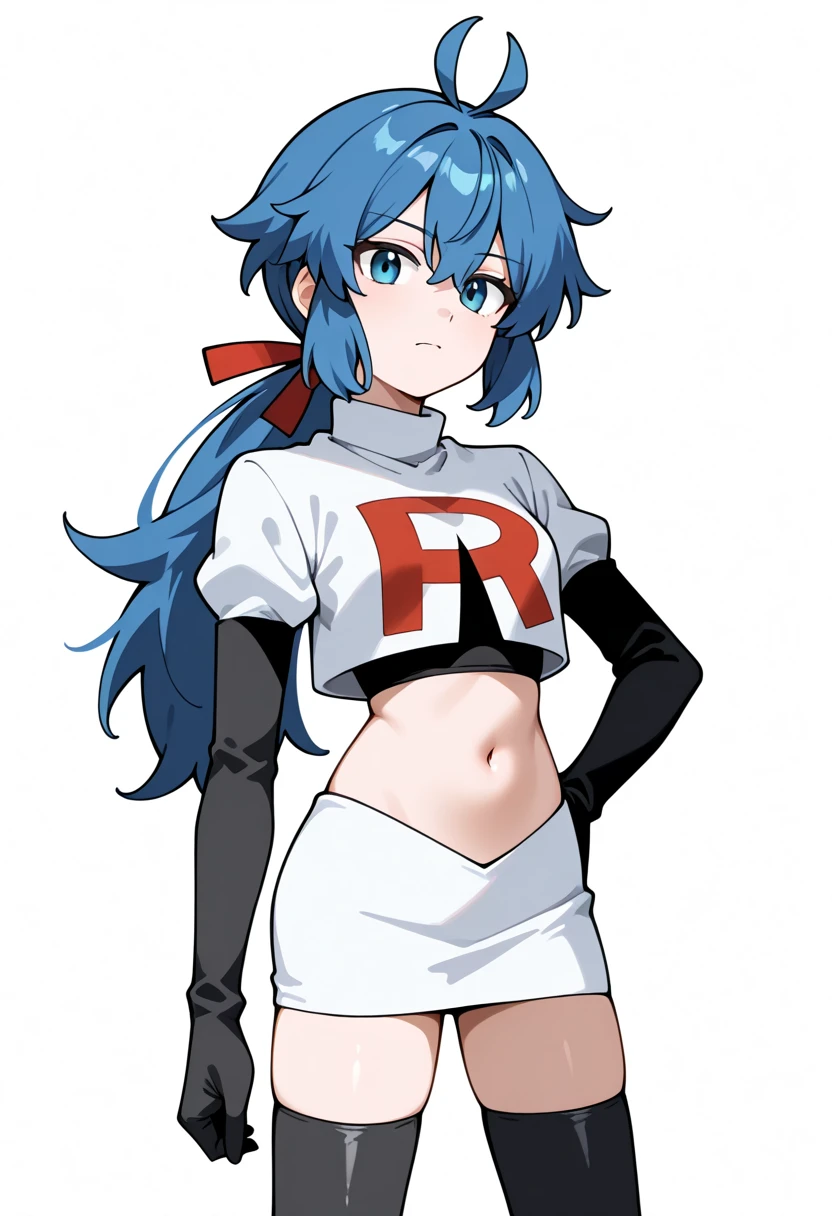 masterpiece, best quality, white background, looking the viewer, 
 1girl, blue hair, blue eyes, hair ribbon, ahoge, long hair, ponytail,  hair between eyes, red ribbon, navel, team rocket,team rocket uniform,white skirt,red letter R,crop top,black thigh-highs,black elbow gloves, cowboy_shot