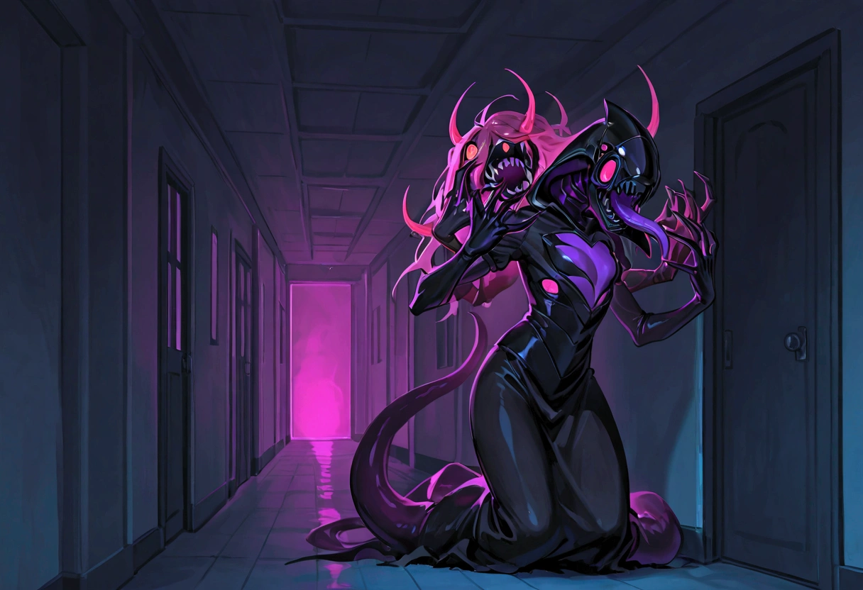 Eldritch nightmare monster with sharp teeth and long creepy limbs attacking brains in a haunted hallway