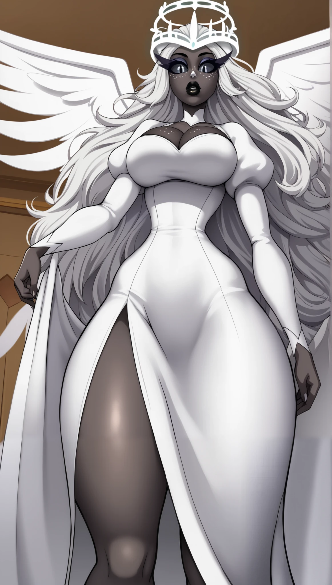 SeraHHXL, dark skin, colored skin, white nose, white freckles face, long eyelashes, makeup, black lips, grey sclera, colored sclera, black pupils, white hair, long hair, halo, glowing halo, angel wings, large breasts, wide hips, thick thighs, cleavage, puffy sleeves, white dress, high thigh slit dress, bare legs, 2slit dress, long slevees, long skirt, (solo), standing, from below, looking at viewer, indoors