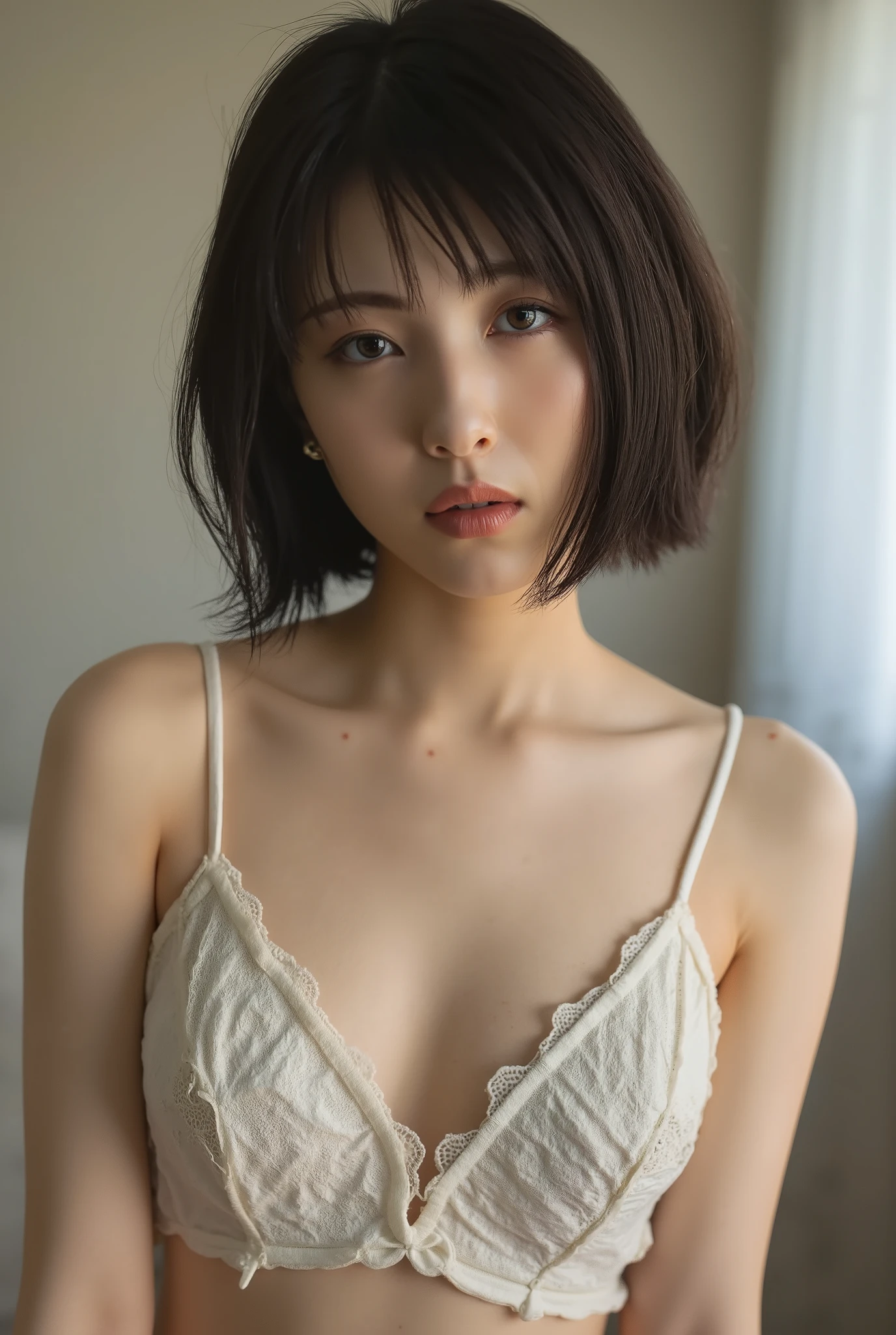 Japanese women in their 20s wear white strapless lingerie、Beautiful Makeup
