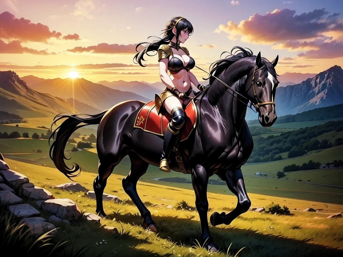 ((best quality)), ((anime masterpiece)), (high detailed), 8k, cinematic lighting, perfect face, large breast, cleavage, riding, horse, (((a young woman wearing a warrior armor watching a sunset while riding on a BLACK HORSE)), ([yor briar, hair ornament, {black hair}]), (armor, cleavage, belly button, bare legs, boots)), BREAK, ([black horse, saddle, reins, bridle, standing]), solo, (on the grassland, mountainside, medieval settings:1.2), both hand holding rein, from side: 1.2, anatomically correct