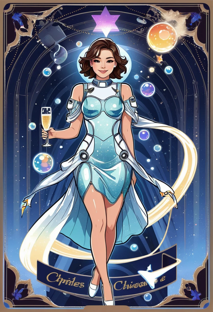 Vector illustration showing an astronaut in a dress floating weightlessly inside the space station with a floating tray of champagne bubbles and a robotic assistant wearing a stylish backless dress made of reflective holographic fabric. Spine glowing pattern, POP outer space background, rockets, stars and planets, cartoon, top quality, masterpiece, Adobe Illustrator, drawn with thick lines, cute, popular, cast a colorful spell, nice background picture, masterpiece, greatest masterpiece, light and shadow, well drawn, bright colors, fantasy, fantasy, rendering, magical elements, break