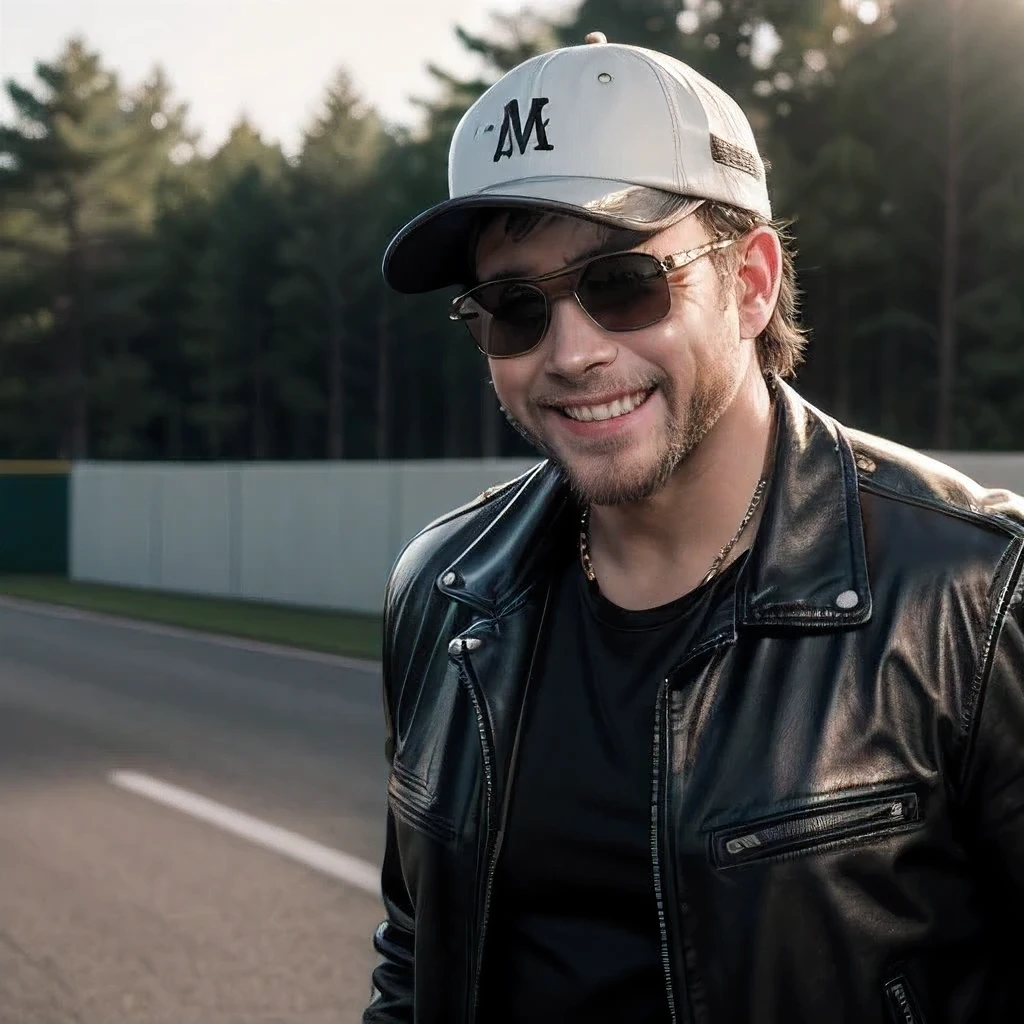 masterpiece, best quality, ultra-detailed, realistic, (1man, baseball cap, smile:1.3),(fat),(black leather jacket),(sunglass),(nacklace), BREAK (road),(arms wide),(cinematic lighting:1.2),