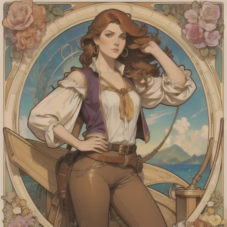  a 30-year-old red-haired pirate captain ,  wavy shoulder-length hair , red stripe, big gold earrings,  loose white long-sleeved blouse ,  brown leather vest , belt with large square buckle ,  long brown pants ,  frayed leather boots ,  holding a cleaver in a dramatic pose,  on the deck of a pirate ship in the Caribbean , colorful, Vivid,  photorealistic , 8k, Impressionism,  illustration,  Art Nouveau , by Alfons Mucha, Anatomically Correct,  High resolution , ,  best quality,  super detailed ,  American plan ,  looking at the viewer