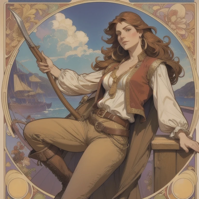  a 30-year-old red-haired pirate captain ,  wavy shoulder-length hair , red stripe, big gold earrings,  loose white long-sleeved blouse ,  brown leather vest , belt with large square buckle ,  long brown pants ,  frayed leather boots ,  holding a cleaver in a dramatic pose,  on the deck of a pirate ship in the Caribbean , colorful, Vivid,  photorealistic , 8k, Impressionism,  illustration,  Art Nouveau , by Alfons Mucha, Anatomically Correct,  High resolution , ,  best quality,  super detailed ,  American plan ,  looking at the viewer