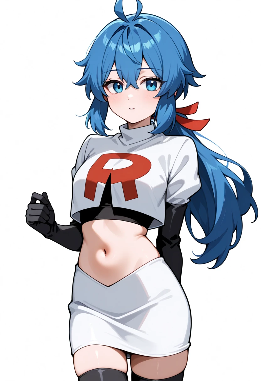 masterpiece, best quality, white background, looking the viewer, 
 1girl, blue hair, blue eyes, hair ribbon, ahoge, long hair, ponytail,  hair between eyes, red ribbon, navel, team rocket,team rocket uniform,white skirt,red letter R,crop top,black thigh-highs,black elbow gloves, cowboy_shot