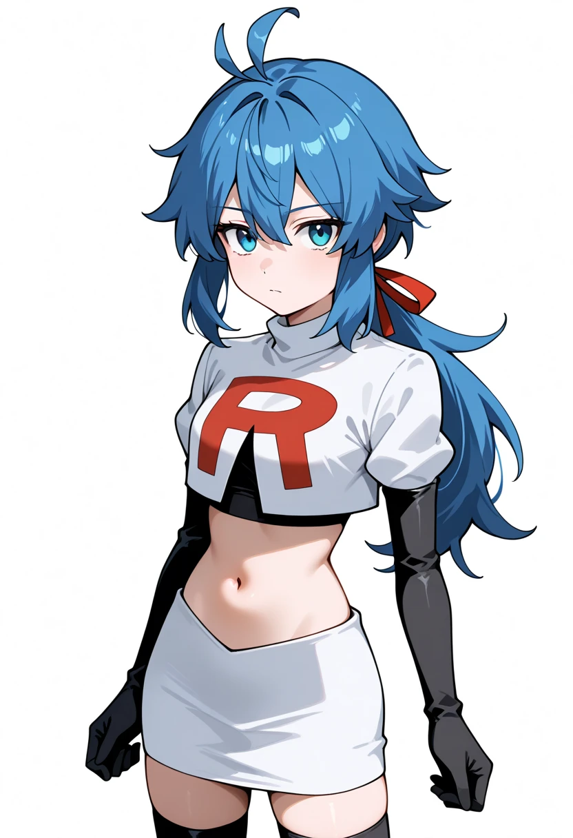 masterpiece, best quality, white background, looking the viewer, 
 1girl, blue hair, blue eyes, hair ribbon, ahoge, long hair, ponytail,  hair between eyes, red ribbon, navel, team rocket,team rocket uniform,white skirt,red letter R,crop top,black thigh-highs,black elbow gloves, cowboy_shot