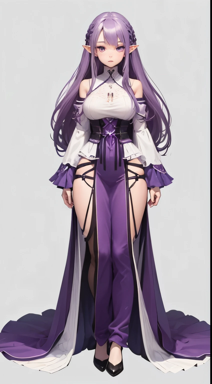 fenrir, purple hair, ears wolf, white dress, chained, standing, yellow eyes, tattered clothes, golden chain, long hair,