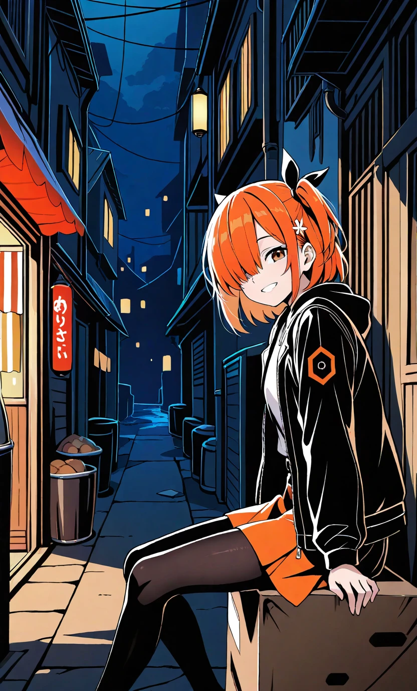 1girl, solo, leaning on object, sitting on cardboard, grin, looking at viewer, brown eyes, orange hair, scar, bangs, hair over one eyes, hair ornament, open jacket, hair ribbon, skirt, black pantyhose, sneeker, night, alley, market, from side, cinematic, high contrast