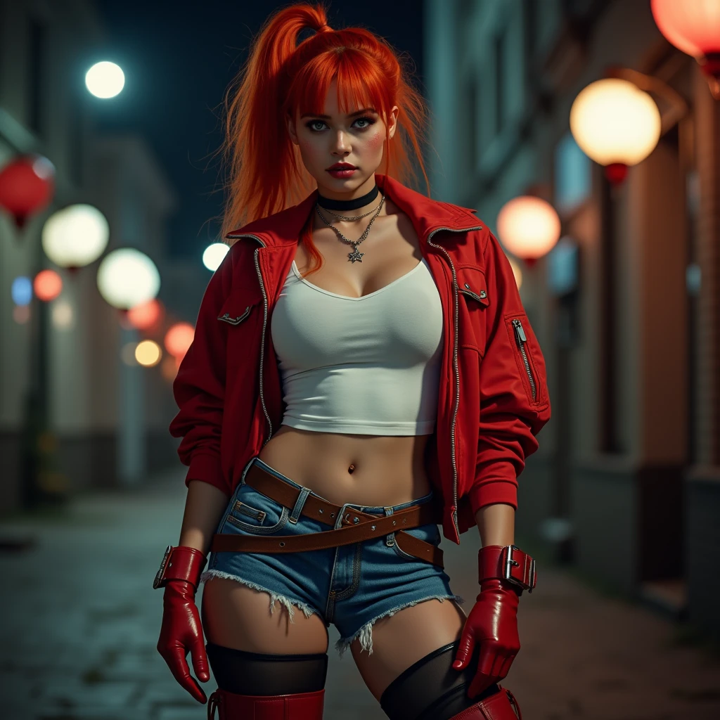 high angle photo of a gorgeous 34 year old woman, healthy skinny,short, small, realistic skin texture, looks up, smiling, big lips, little noose, sexy (red steampunk clothes), steampunk cosplay, (red hair with blue mops), blue hair mops, little boobs, small boobs,flexy boobs, small tits,skinny, posing on the street, night city(cyberpunk), street shops in the background, neon lights, 1 / 2 body crop, 21 5 mm art lens, f 1. 1, sharp focus, 8 k high definition, insanely detailed, intricate, elegant, photorealistic, real life, big shoulder, little neck, long lash, full lips, big lower lip, photo like, realistic picture, synmetric eyes