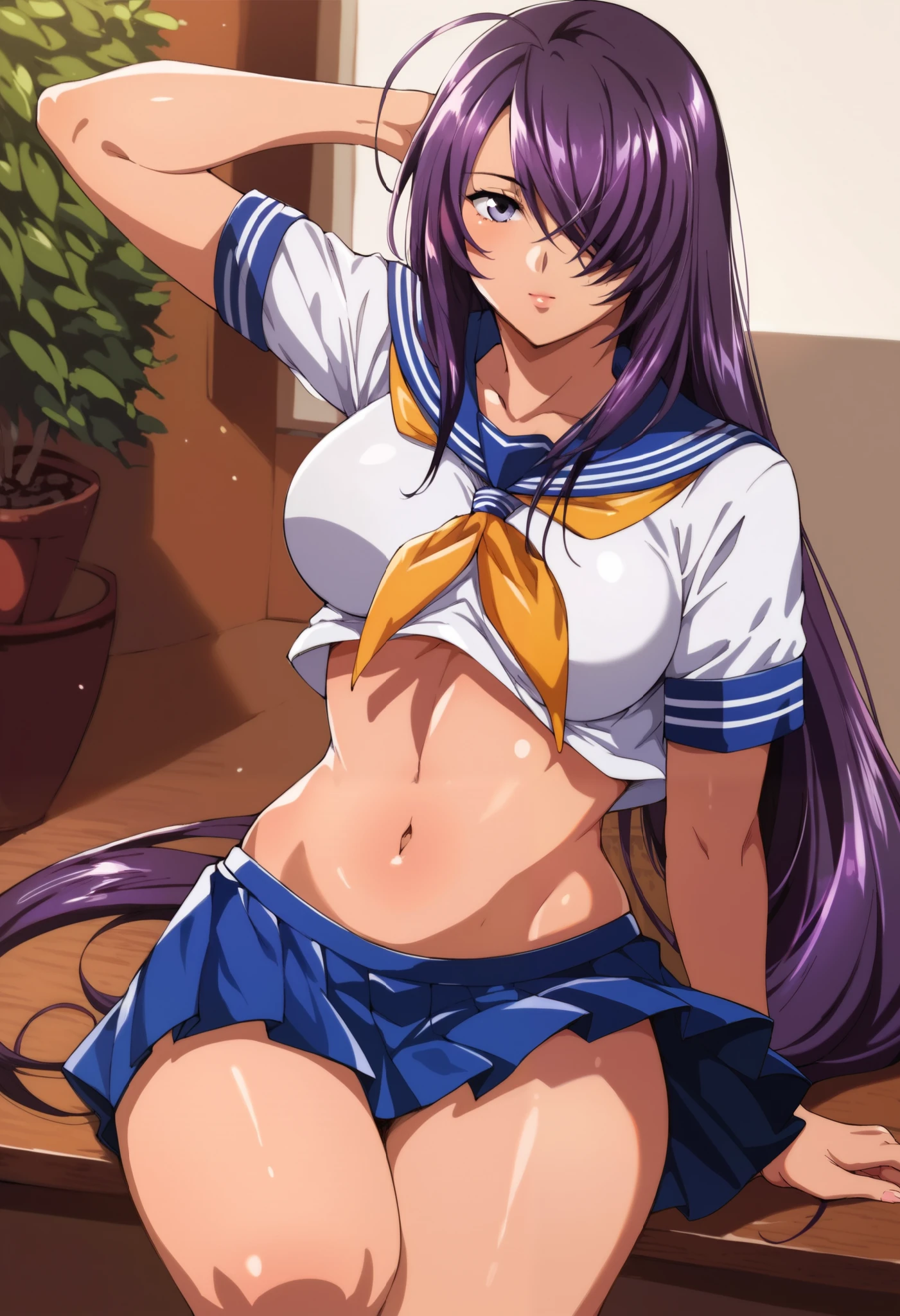 score_9, score_8_up, score_7_up, score_6_up, score_5_up, score_4_up, (masterpiece), best quality,source_anime, break, clip skip：2,
1girl, Alone,  beautiful women,sexy, bedroom, plant, large breasts, hair over left eye, very long hair, school uniform, skirt, navel, purple hair,we have,