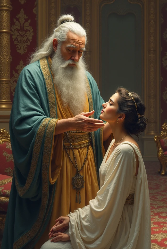depict the monk narrating the story of the king with four wives: the fourth wife adorned in wealth,