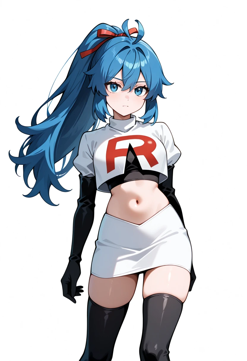 masterpiece, best quality, white background, looking the viewer, 
 1girl, blue hair, blue eyes, hair ribbon, ahoge, long hair, ponytail,  hair between eyes, red ribbon, navel, team rocket,team rocket uniform,white skirt,red letter R,crop top,black thigh-highs,black elbow gloves, cowboy_shot