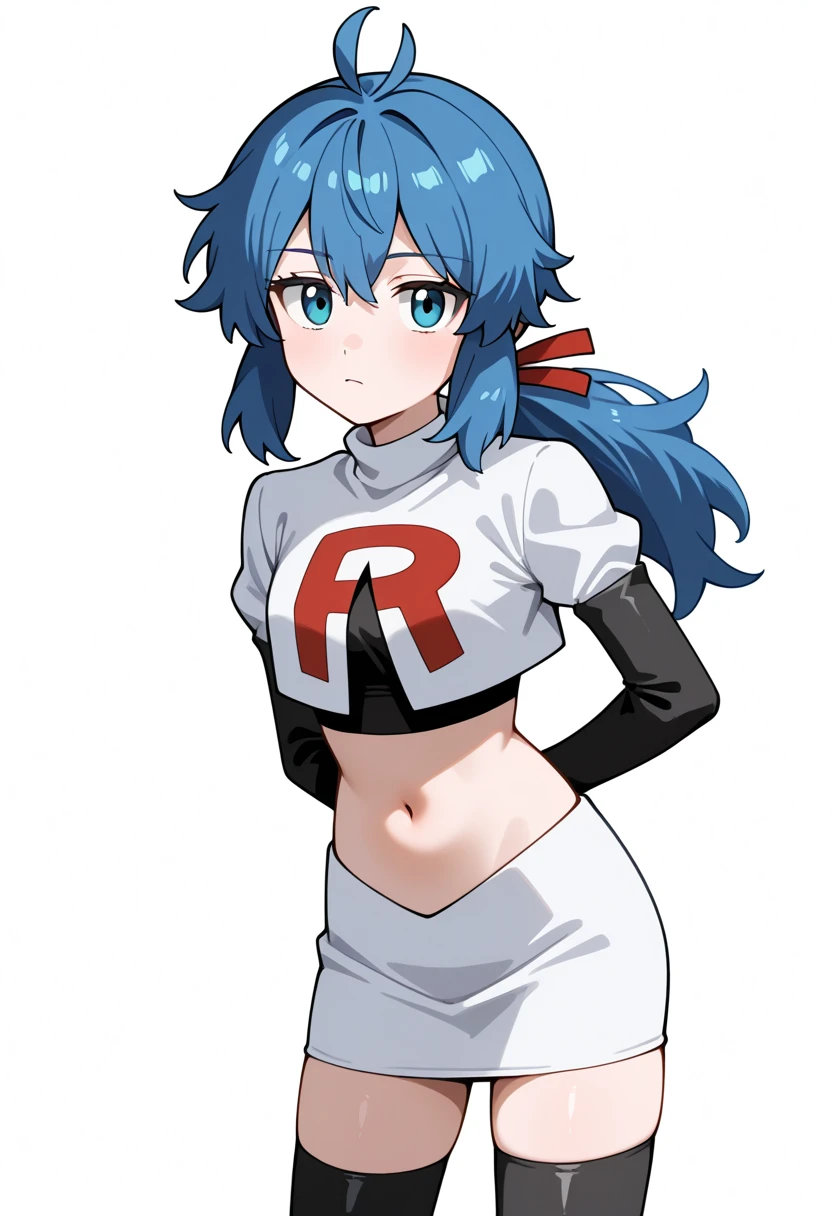 masterpiece, best quality, white background, looking the viewer, 
 1girl, blue hair, blue eyes, hair ribbon, ahoge, long hair, ponytail,  hair between eyes, red ribbon, navel, team rocket,team rocket uniform,white skirt,red letter R,crop top,black thigh-highs,black elbow gloves, cowboy_shot