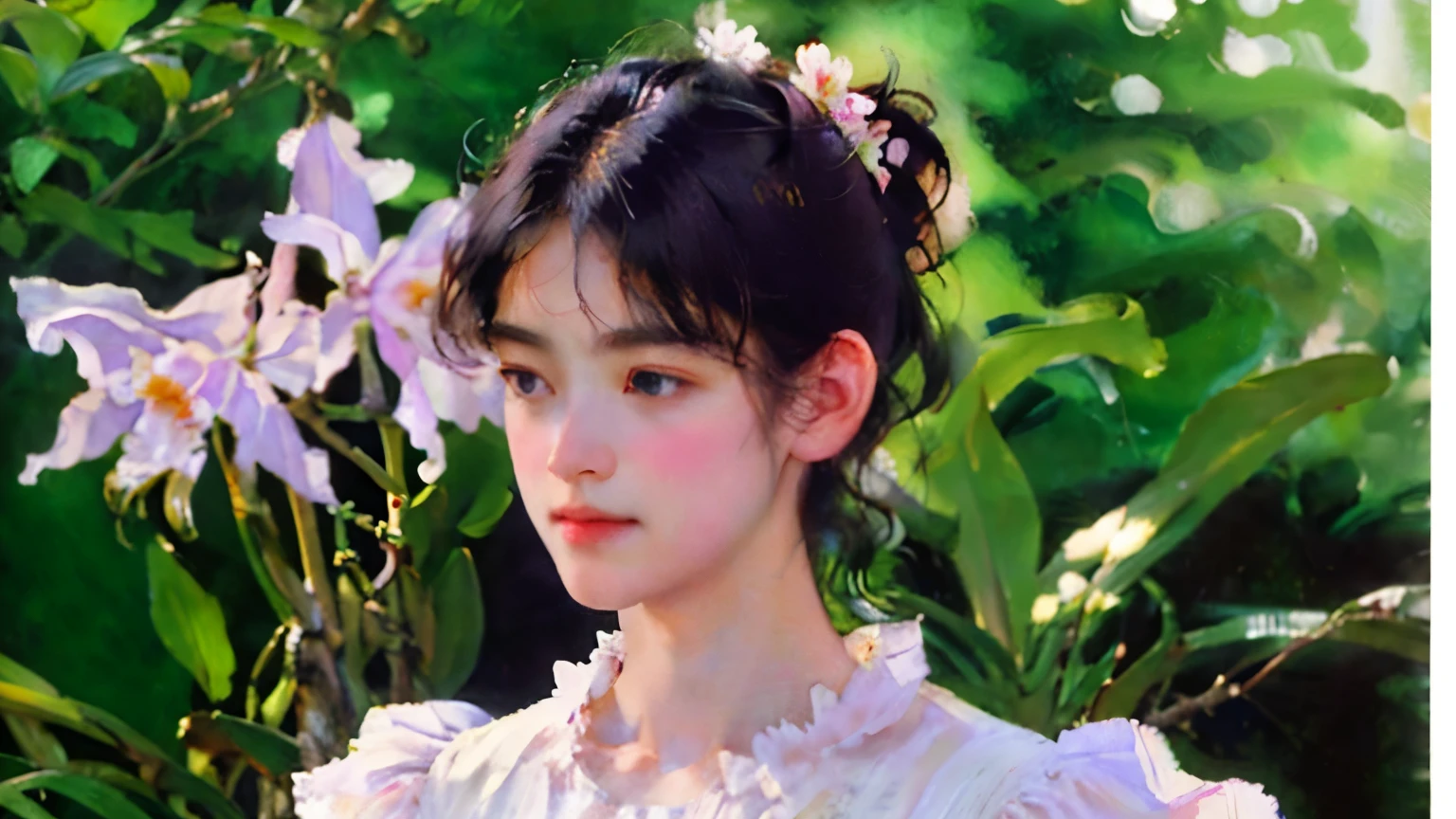  One Girl , 18 years old, (  woman in a white dress、手に持ったCattleyaの花)、Hair Up、 beautiful hairstyle 、  black hair,   detailed face 、break (Cattleya, Alone, Three Flowers, close-up,   full body , full bloom, nature,   Habitat   )、  written border depth, Cinematic lighting、 ray tracing、Soft light、 soft focus、Bokeh,  simple background、 blur the background  、  Sargent Style Watercolor 、Edmund Leighton Style 、 Herbert James Draper Style、 impressionist style、 8k, masterpiece,  top quality ,  high image quality、 detailed depiction 、wallpaper、