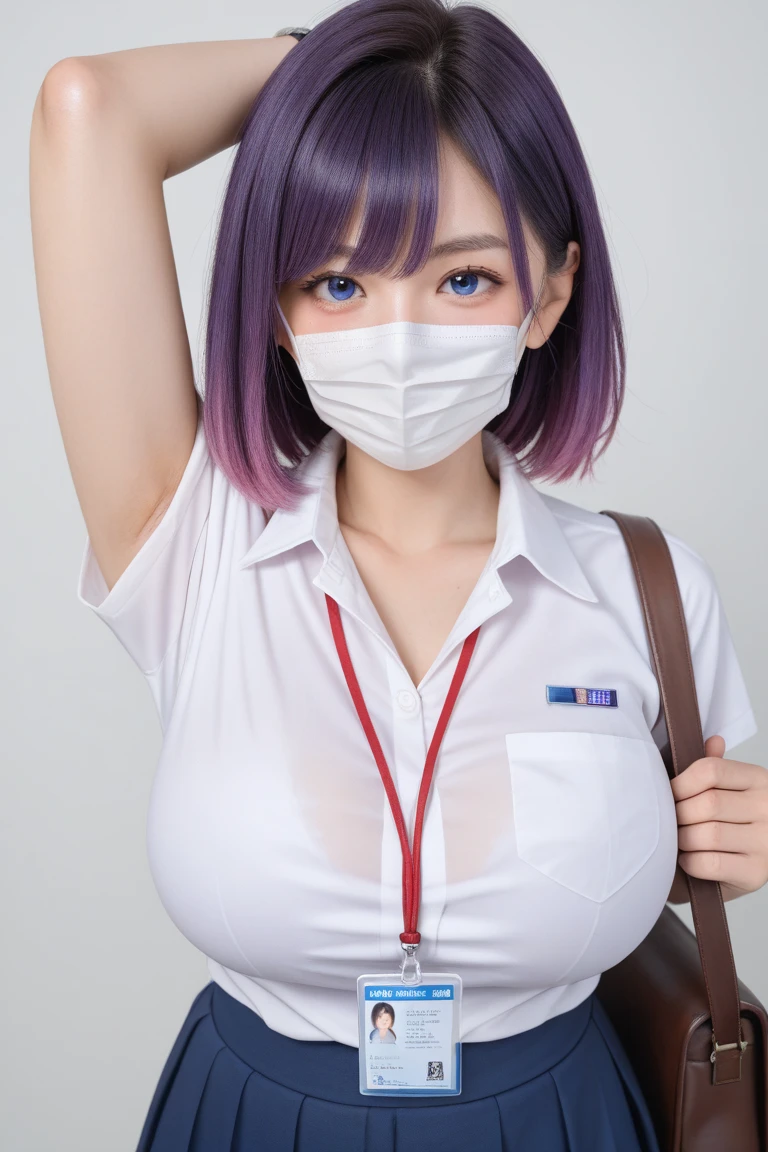 Source_9, source_8_up, source_7_up, masterpiece, photorealistic, detailed face, detailed skin, detailed eyes, BREAK, 1girl, solo, breasts, looking at viewer, blush, short hair, bangs, blue eyes, skirt, huge breasts, simple background, shirt, black hair, school background, standing, white shirt, purple hair, short sleeves, multicolored hair, sweat, collared shirt, pants, medium hair, armpits, bag, mole, arm up, mask, denim, watch, mouth mask, shirt tucked in, wristwatch, id card, armpit peek, bra visible through clothes, surgical mask, lanyard, mask pull, presenting armpit, Indonesian School Uniform